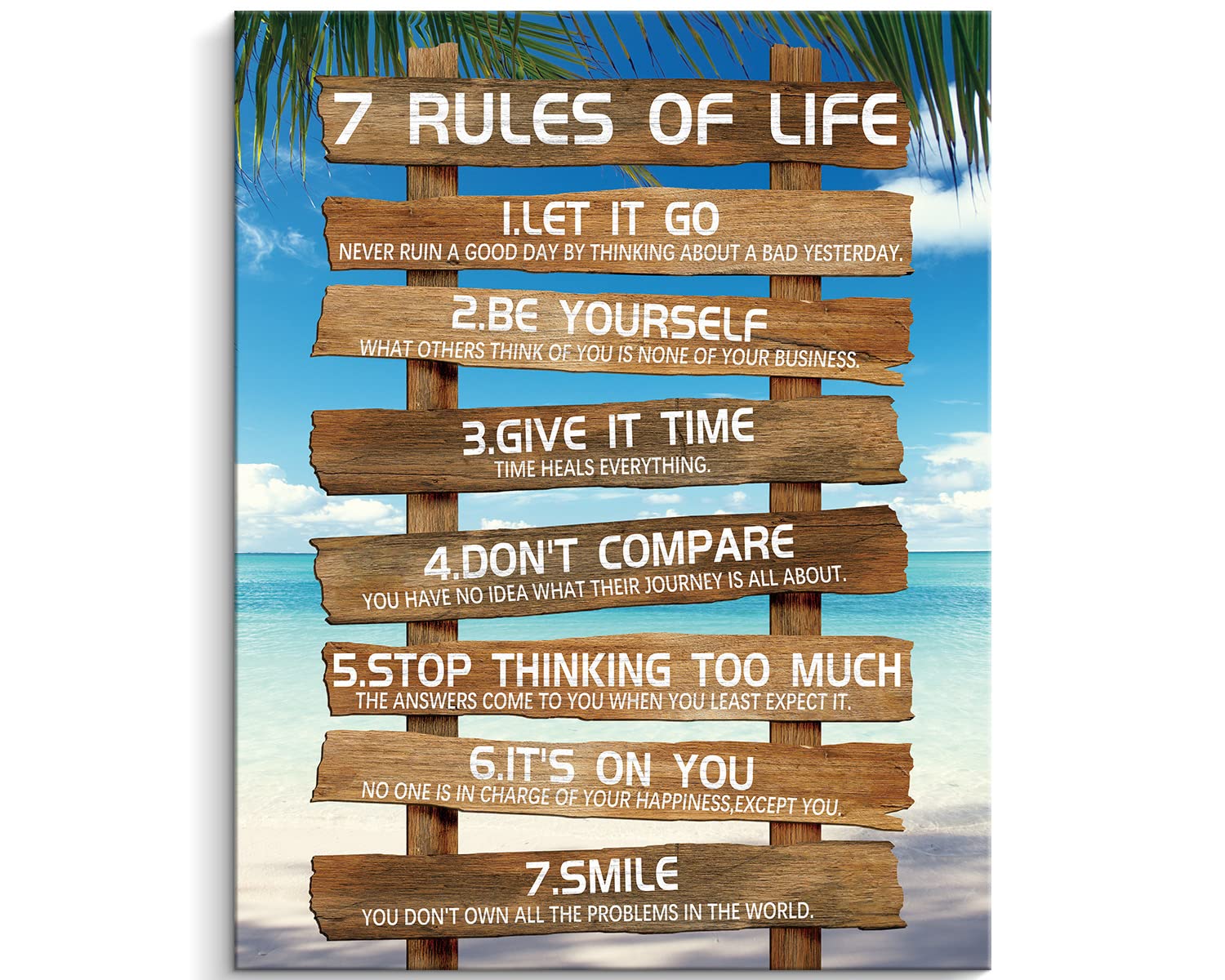 Kas Home 7 Rules of Life Motivational Canvas Wall Art - 12x15 Inch Rustic Framed Inspirational Decor with Beach Quotes for Living Room, Bedroom, Bathroom - Perfect Housewarming Gift & Positive Home Office Decor (Brown)