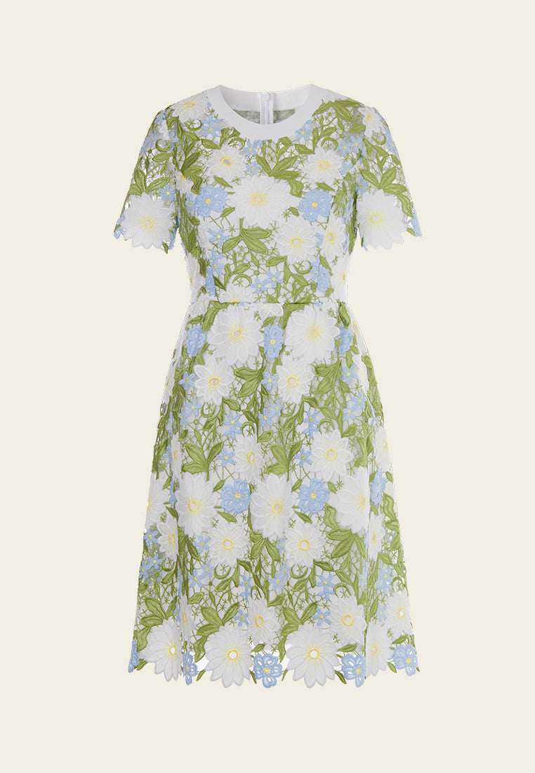 Elegant Green Floral Lace Midi Dress for Women - Summer Wedding Guest Dress, Garden Party Outfit, Date Night Attire