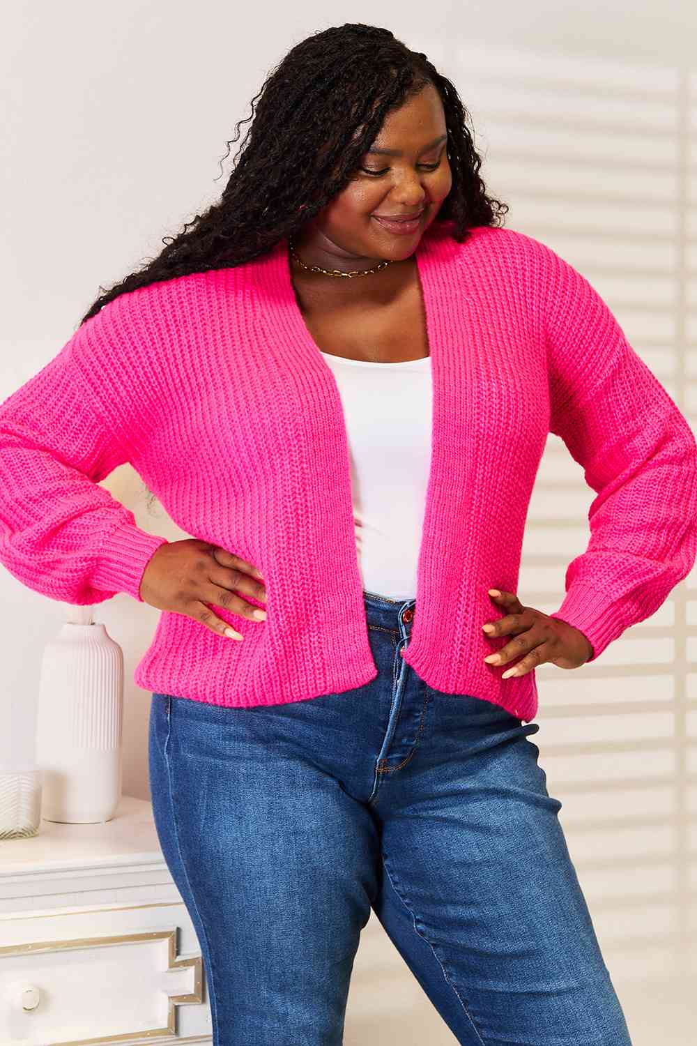 Stylish Hot Pink Rib Knit Open Front Drop Shoulder Cardigan Sweater for Women | Cozy Fall & Winter Fashion | Perfect for Casual Outings, Office Wear, and Date Nights