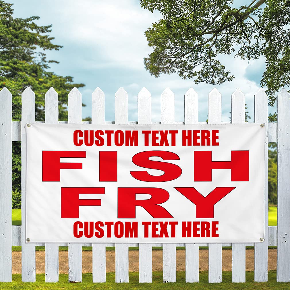 Custom Vinyl Banner - Durable Weatherproof Outdoor Sign with 4 Grommets (12x30 Inches & Multiple Sizes) - Perfect for Fish Fry Events, Red Food Bars, Restaurants, Food Trucks & Seafood Markets | Personalized Text Available for Business Promotion & Yard Signs