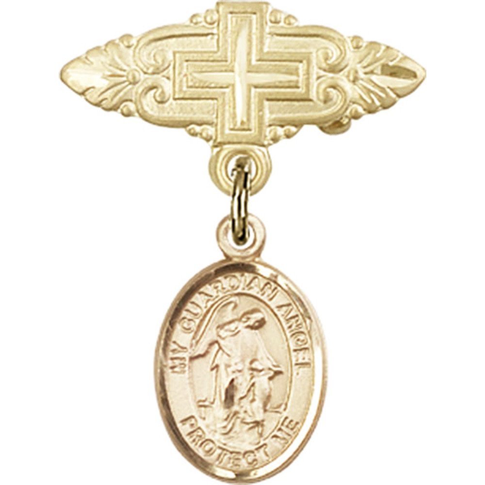 Bonyak Jewelry Saint Medal Collection - Gold Filled Guardian Angel Charm Badge Pin with Cross (1