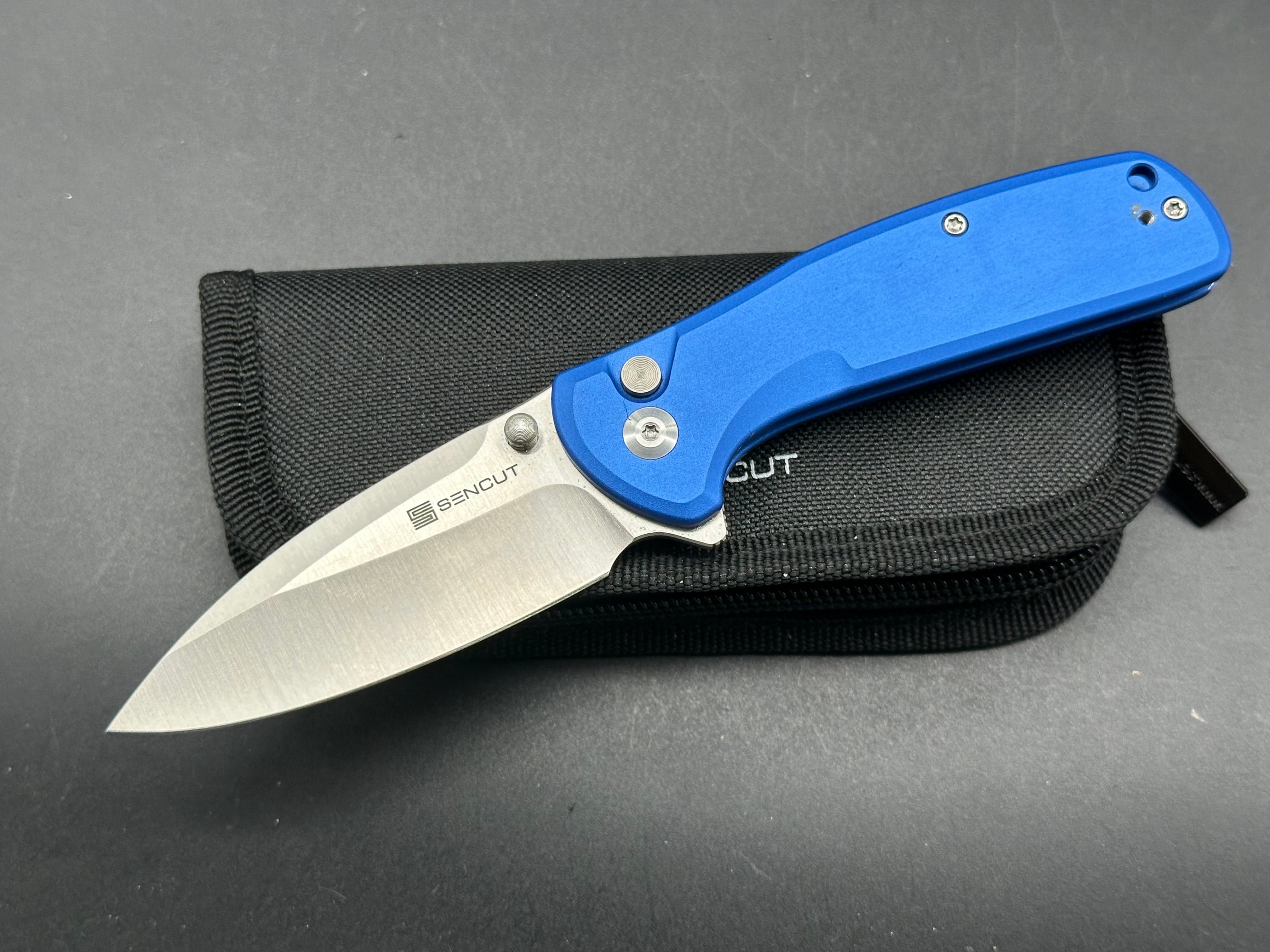 SENCUT ArcBlast Button Lock Folding Knife - Blue Aluminum Handle, 2.98
