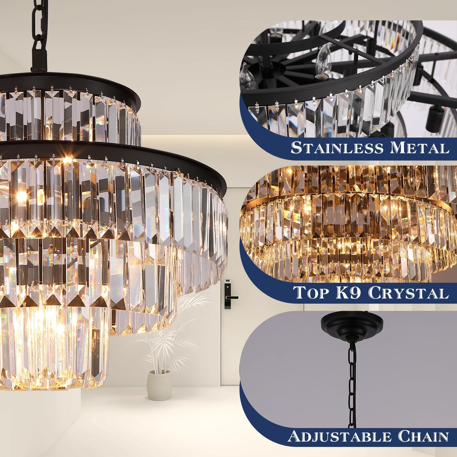 20 Inch Black Luxury Crystal Chandelier - Modern Hanging Pendant Light Fixture for Dining Room, Bedroom & Living Room | Elegant Lighting for Weddings, Restaurants and Home Decor