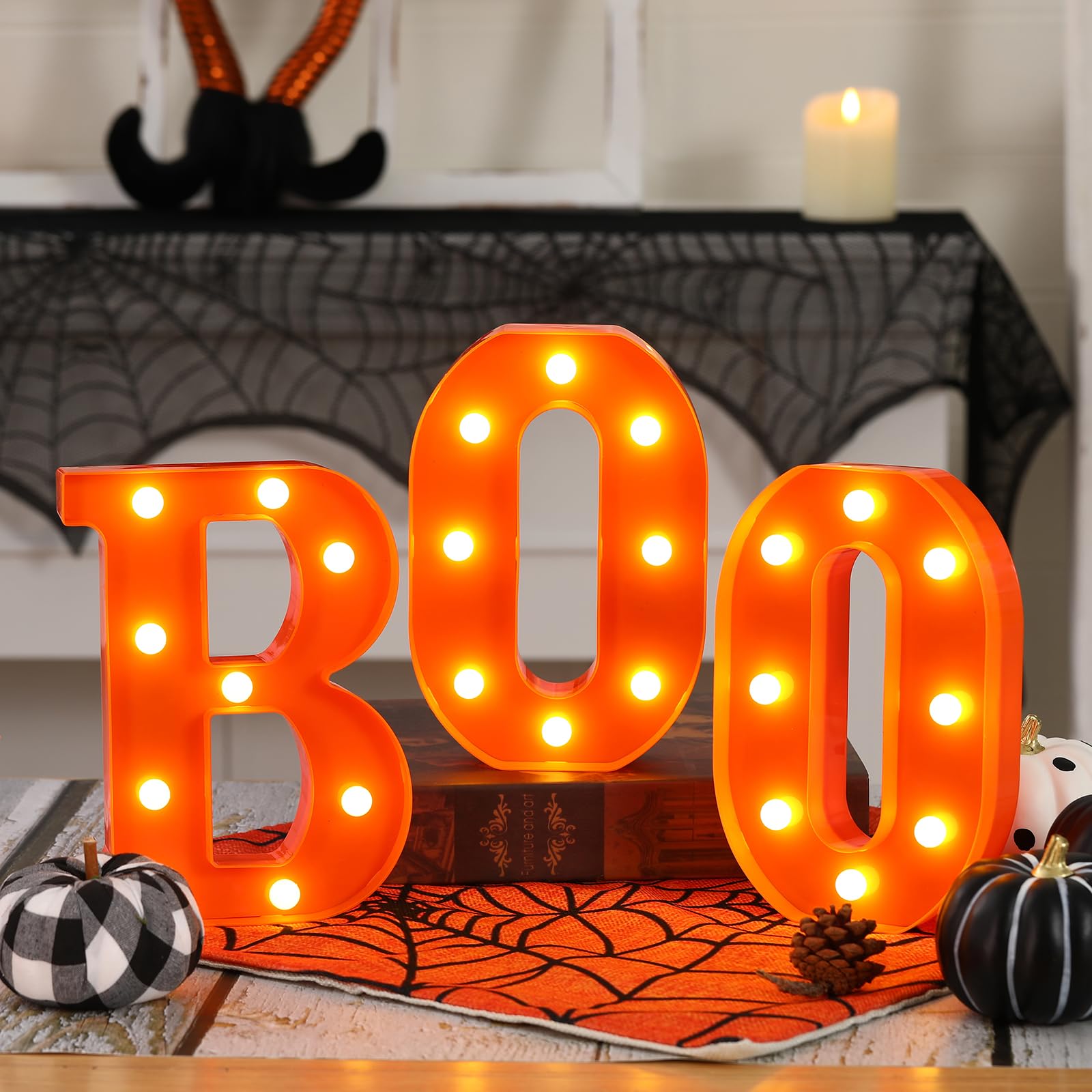 Boo LED Halloween Light Up Letters - 3 Pack Indoor Halloween Decor for Home, Kitchen, Tabletop - Spooky Party Decorations for Halloween Night, Trick or Treat, Haunted House Theme