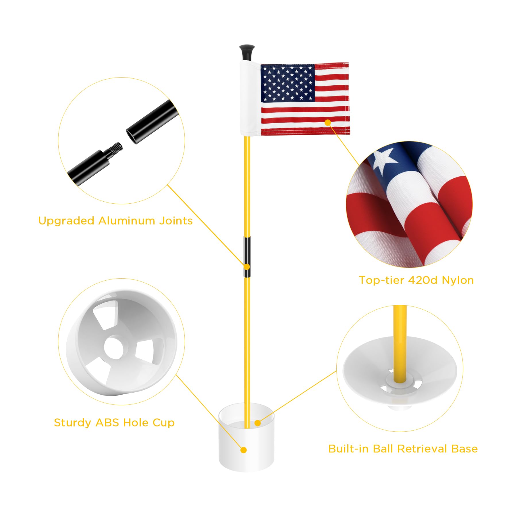 KINGTOP Golf Flagstick Mini - 3ft Practice Putting Green Flags for Yard, Golf Pin Flag & Hole Cup Combo Kit with Fiberglass Portable 2-Section Design & Double-Sided American Flag - Perfect for Backyard Golf Practice, Training Drills & Outdoor Games