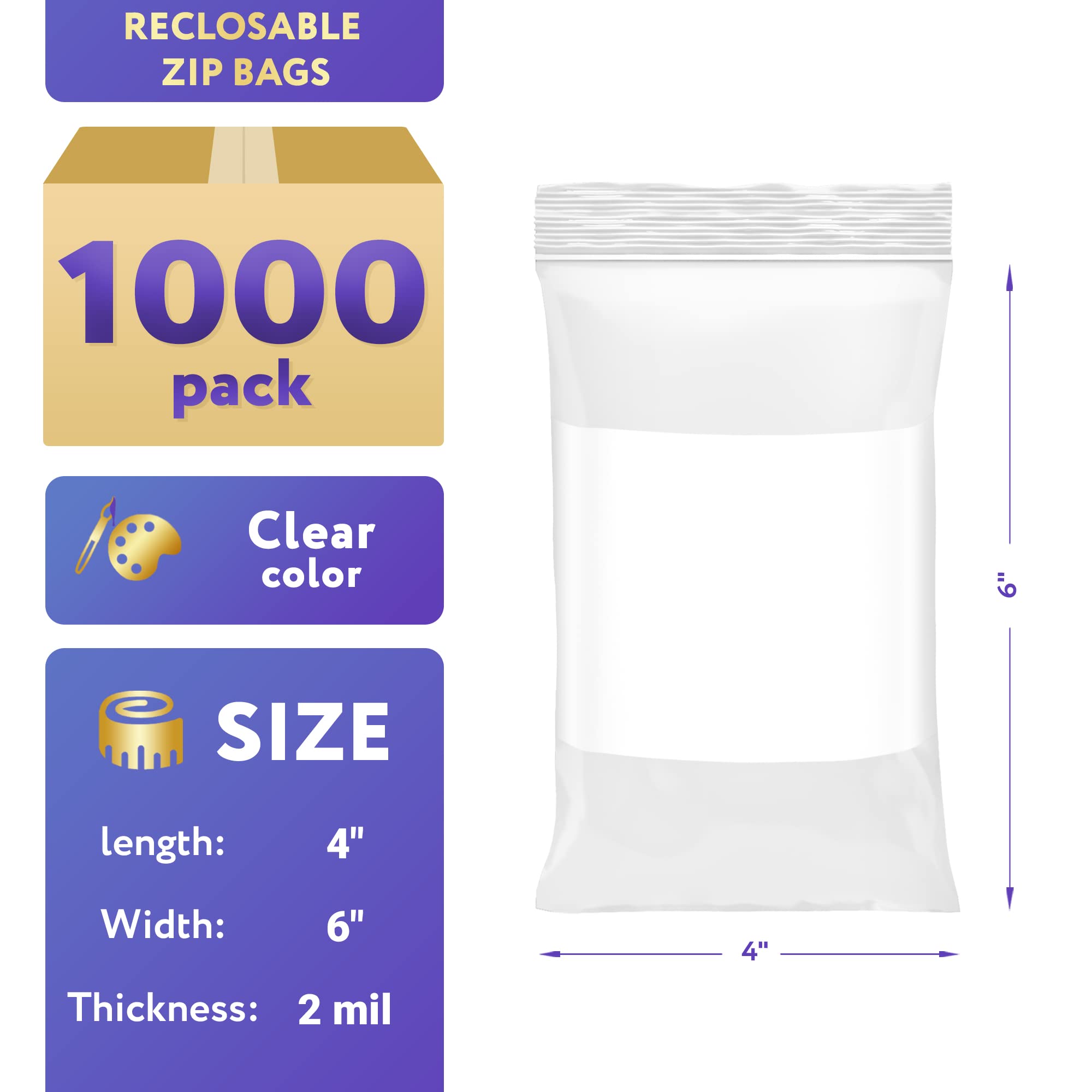 1000 Pack 4x6 Inch White Block Reclosable Zipper Bags - 2 Mil Clear Food Storage Bags with Write-On Panel | Waterproof Packaging for Small Business | Perfect for Snacks, Crafts, Jewelry & Retail Products