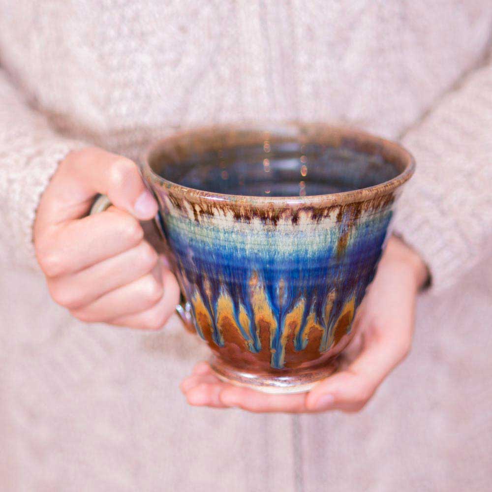 Blanket Creek Pottery Soup Mug - 16oz Handmade Ceramic Bowl with Lid, Amber Blue Glaze - Perfect for Soup, Stew, Oatmeal & Hot Beverages at Home or Office