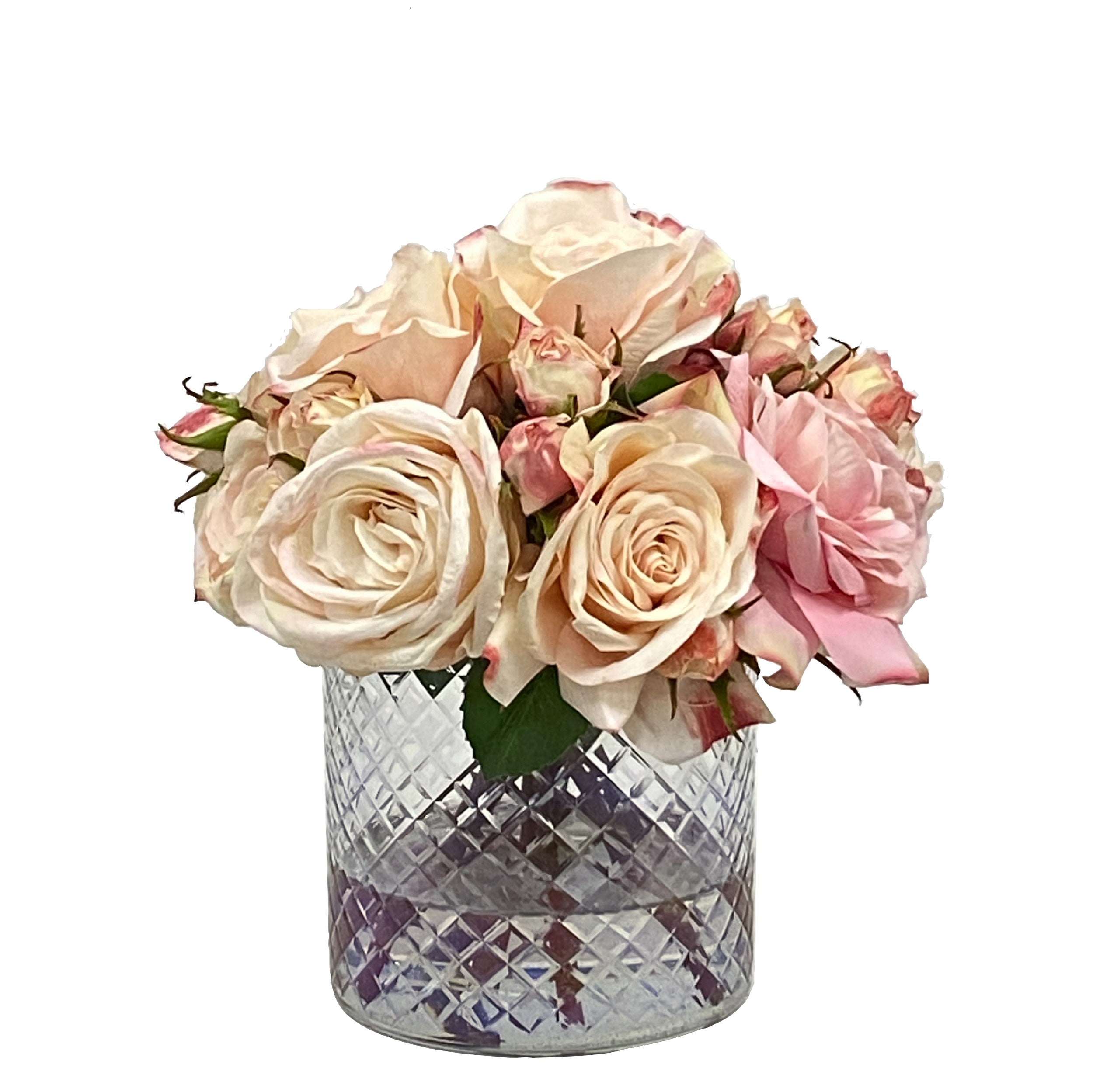 Handcrafted Cross Etched Glass Vase with Artificial Roses - Elegant Home Decor for Wedding Centerpieces, Tabletop Display & Gift Ideas