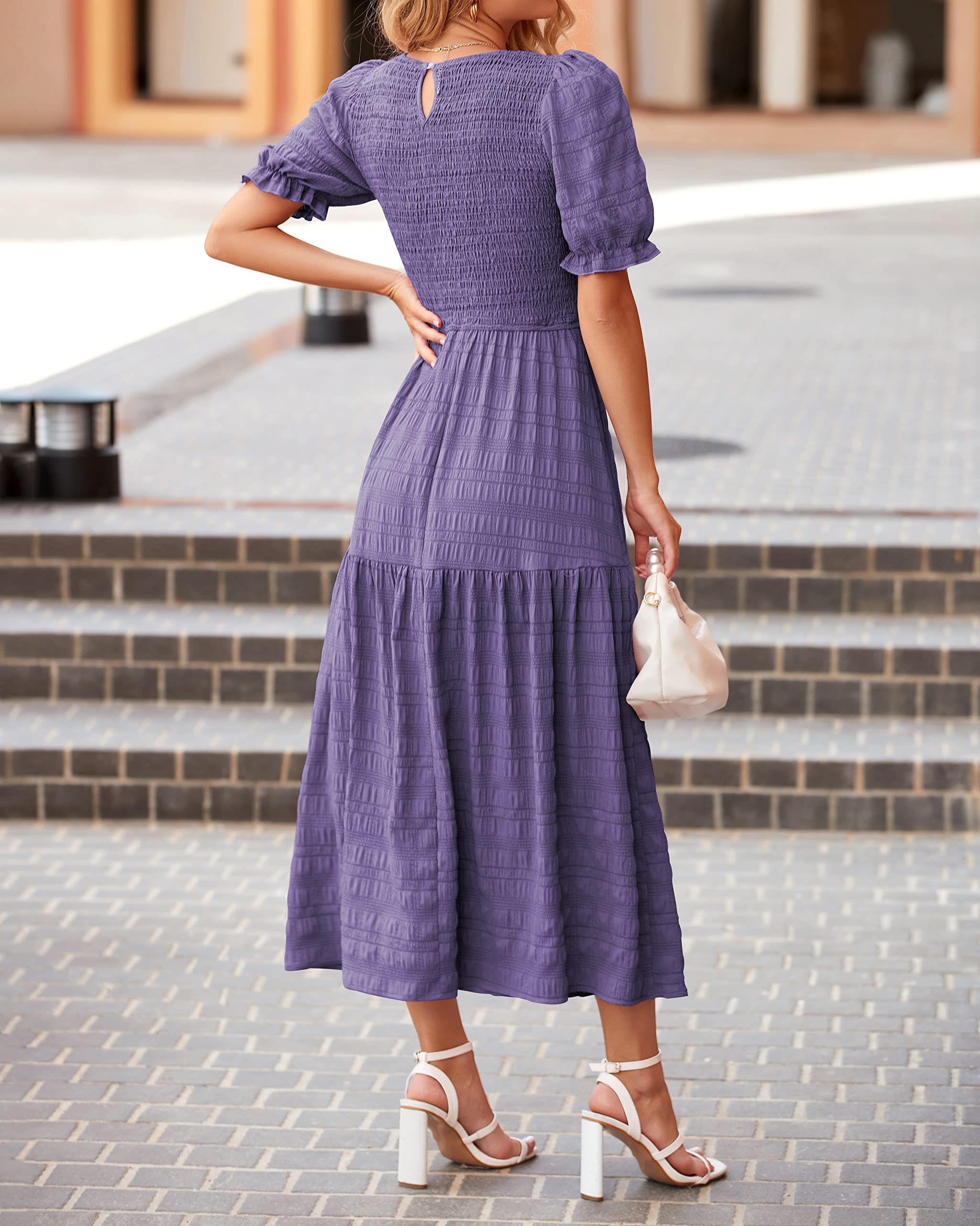 Dowerme Women's Summer Dresses 2025 - Casual Puff Short Sleeve Crewneck Smocked Flowy Ruffle Boho Maxi Sundress for Beach, Party & Vacation | Lightweight & Comfortable