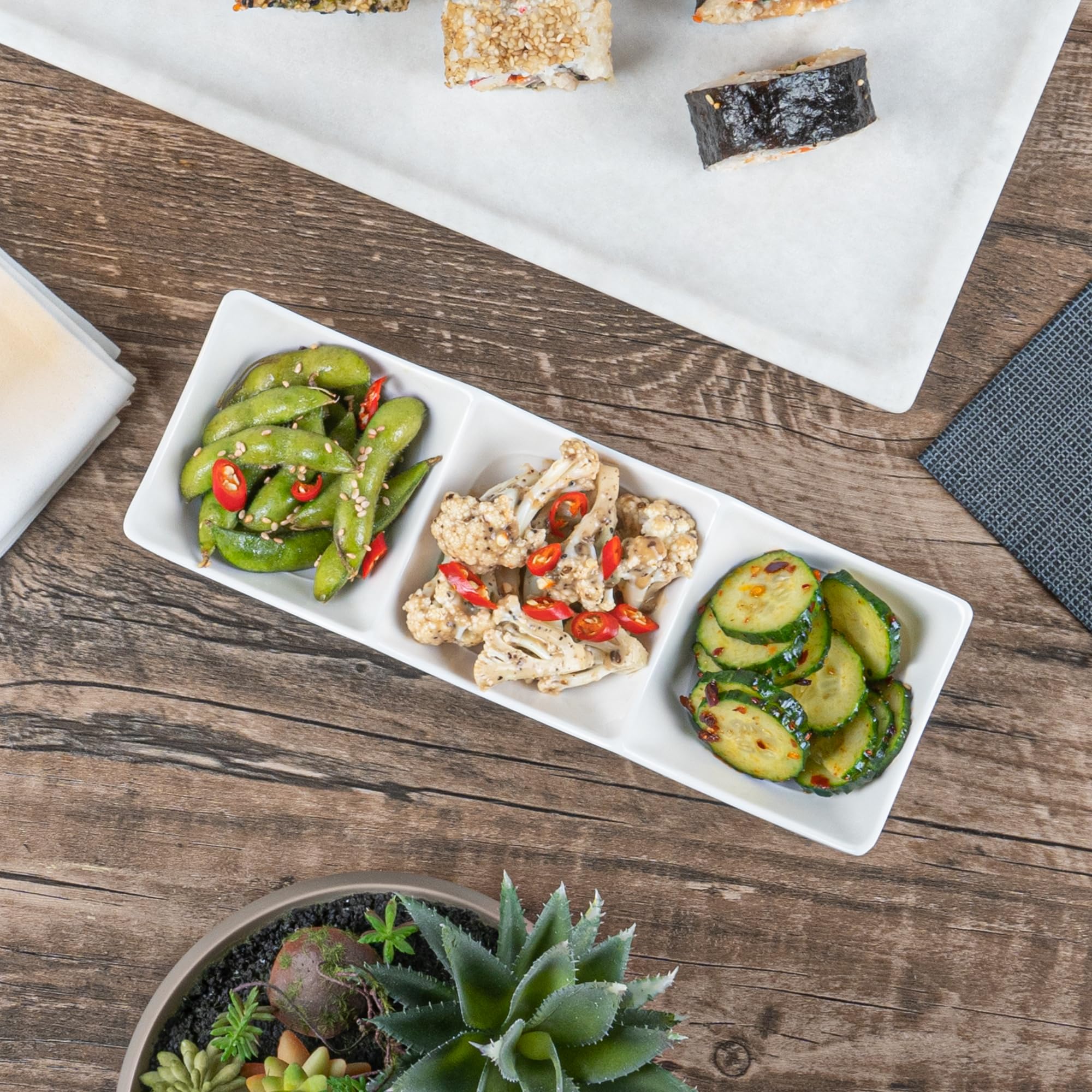 Voga 8.5 oz Square Melamine Serving Dishes - 3 Compartment Appetizer Plates for Dips, Snacks & Condiments | Durable Restaurantware for Catering, Parties & Home Entertaining