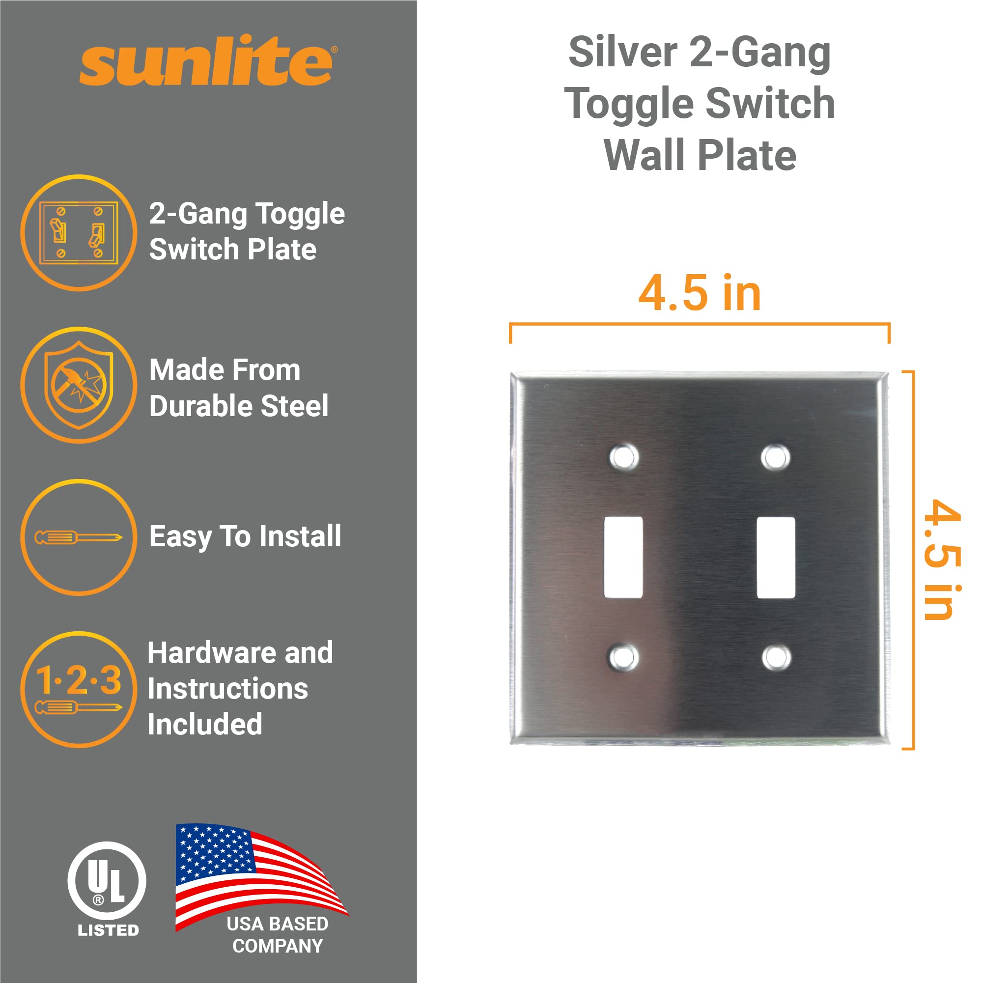 Sunlite 50630-SU 2 Gang Toggle Switch Wall Plate - Standard Size Steel Cover with Smooth Surface & Rounded Edges (1 Pack) - Perfect for Home, Office & Commercial Electrical Installations