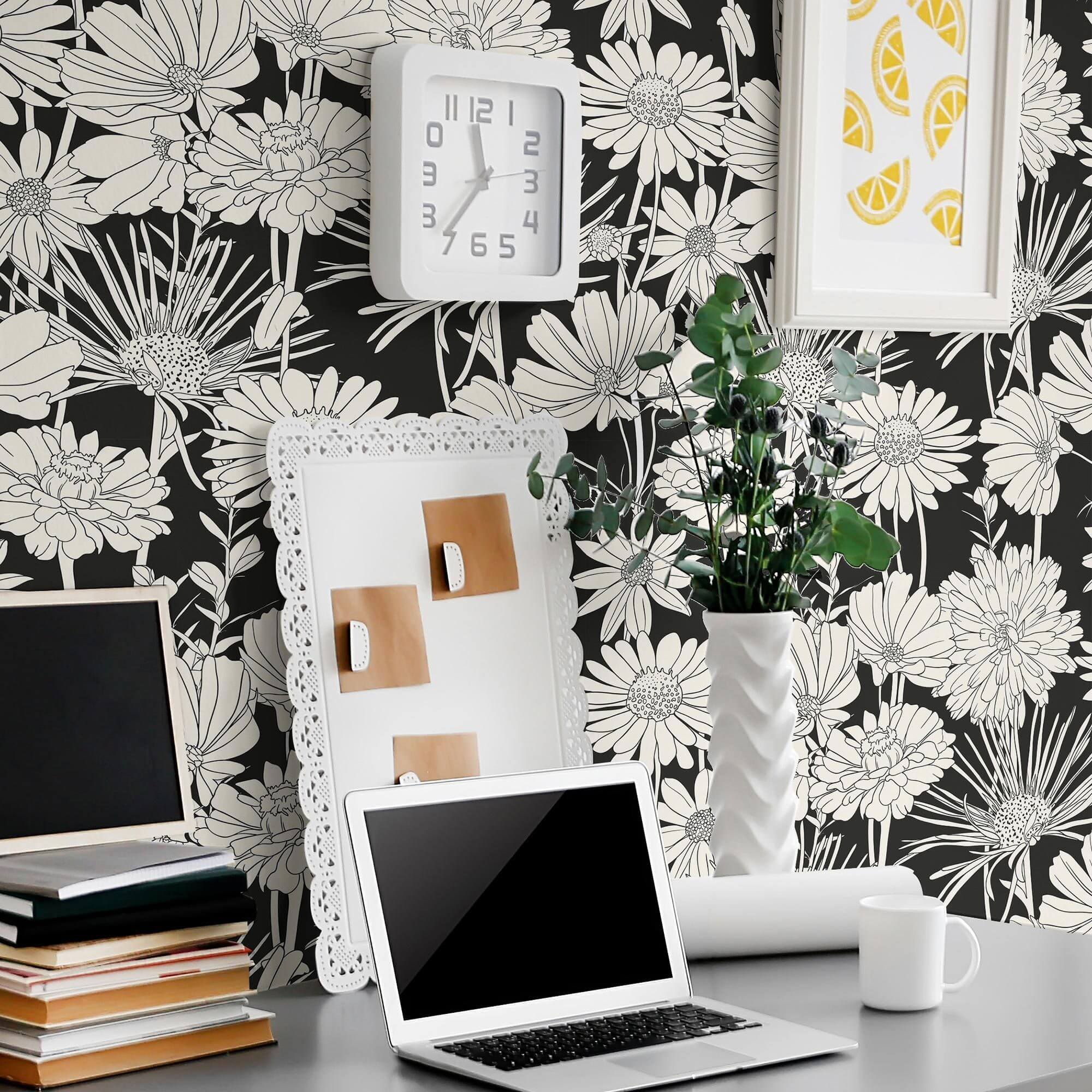 White and Black Hand Drawn Floral Peel and Stick Removable Wallpaper - Self-Adhesive Decorative Wall Covering for Bedroom, Living Room, Nursery, and Home Office Decor