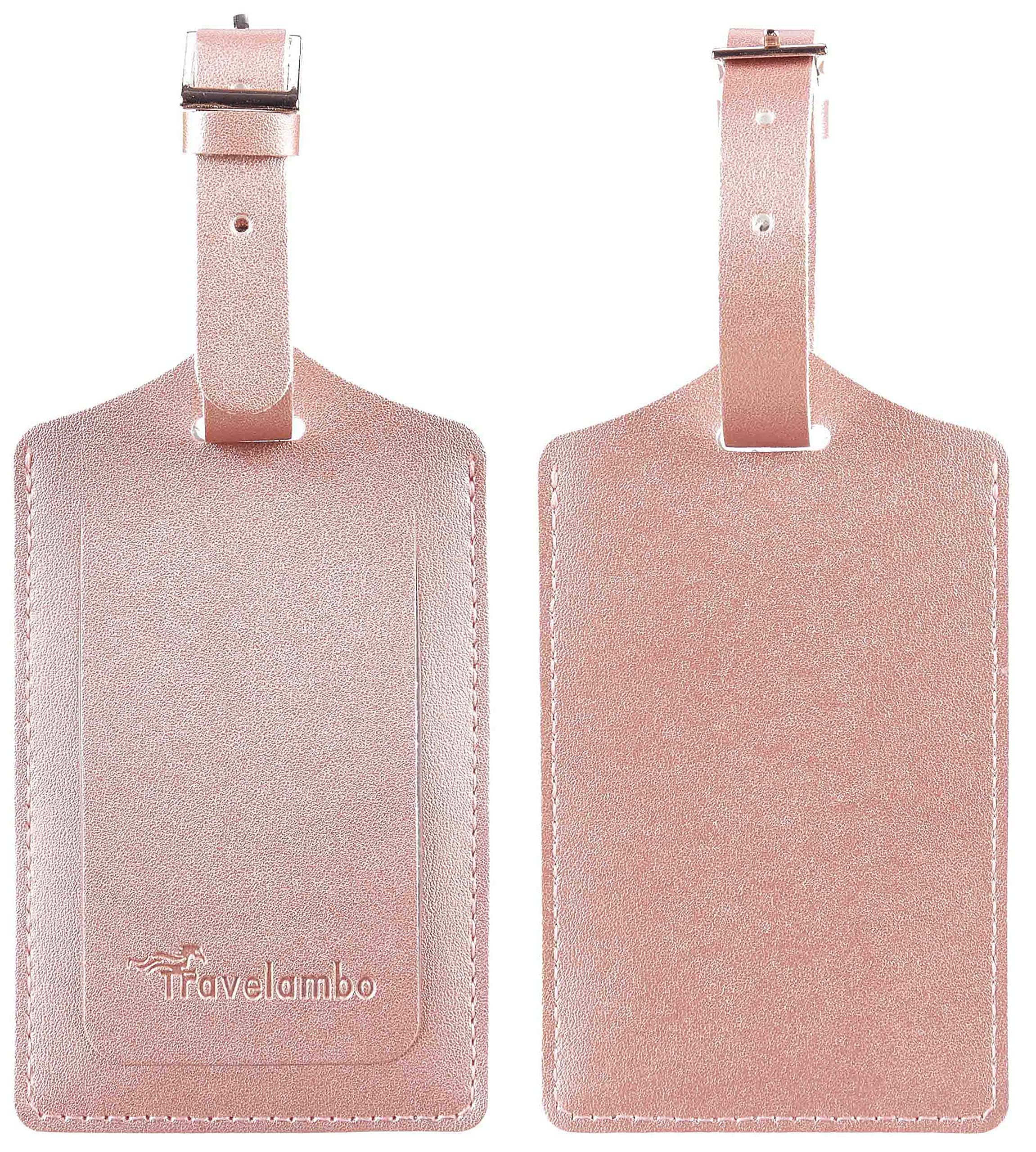 Travelambo 2 Pack Faux Leather Luggage Tags for Suitcases - Privacy Protection ID Tags, Rose Gold Travel Accessories | Perfect for Airports, Cruise Ships & Business Trips