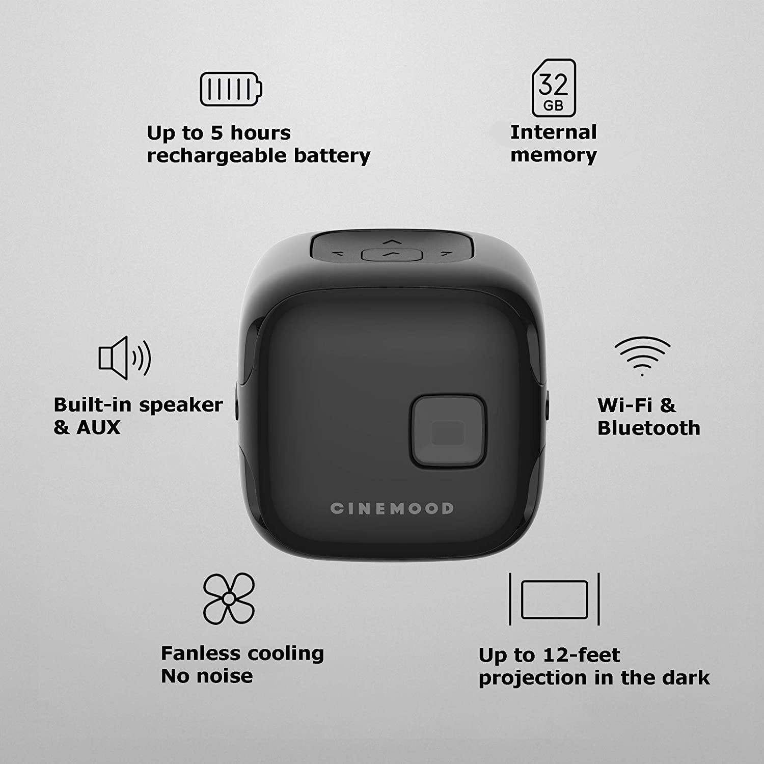 Cinemood 360 Portable Smart Projector - Stream Disney+, Prime Video, Netflix & YouTube | Built-in Games | White HD Mini Projector for Home Theater, Camping & Kids Bedtime Stories