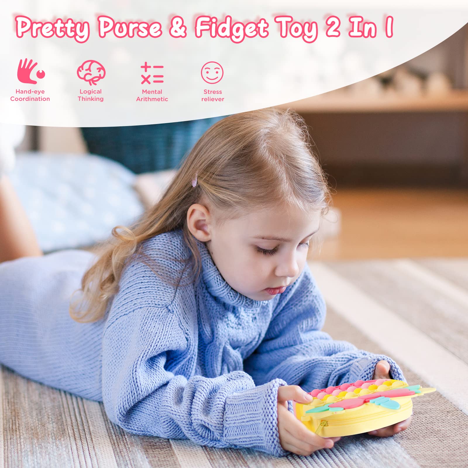 Unicorn Pop Bubble Purse for Girls - Cute Pink Fidget Toy & Crossbody Bag 2 in 1 - Perfect Easter Birthday Gift for Kids, Stress Relief Sensory Toy for School, Travel and Playtime