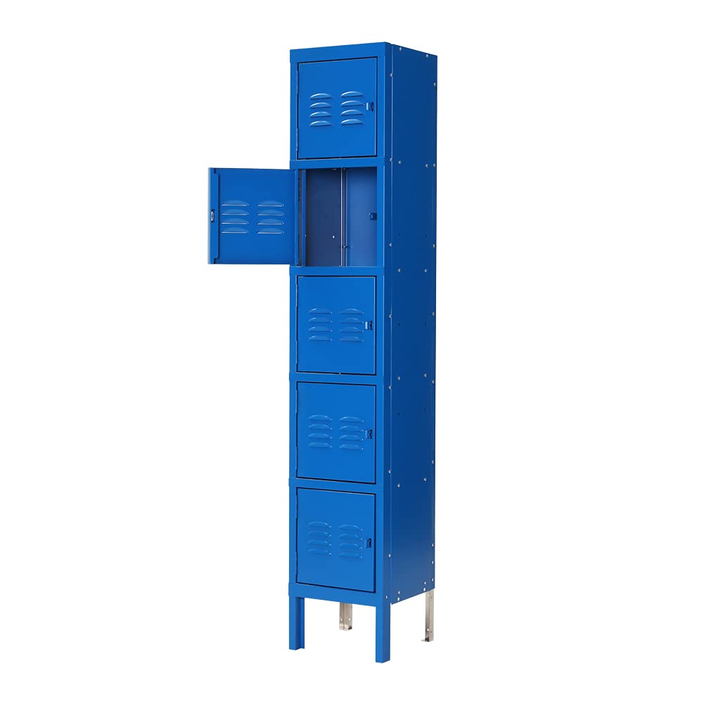 5-Tier Metal Lockers with Ventilation - Heavy Duty Steel Storage Cabinet for Home, Office, Gym & School - Easy Assembly 5-Door Shelf Organizer (Blue) - Perfect for Employee Storage, Locker Rooms & Garages