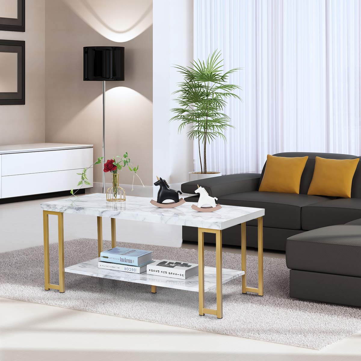 Giantex Modern 2-Tier Rectangular Coffee Table with Faux Marble Top & Gold Metal Frame - Accent Center Table for Living Room, Bedroom, Lounge - Perfect for Entertaining Guests or Relaxing with Coffee