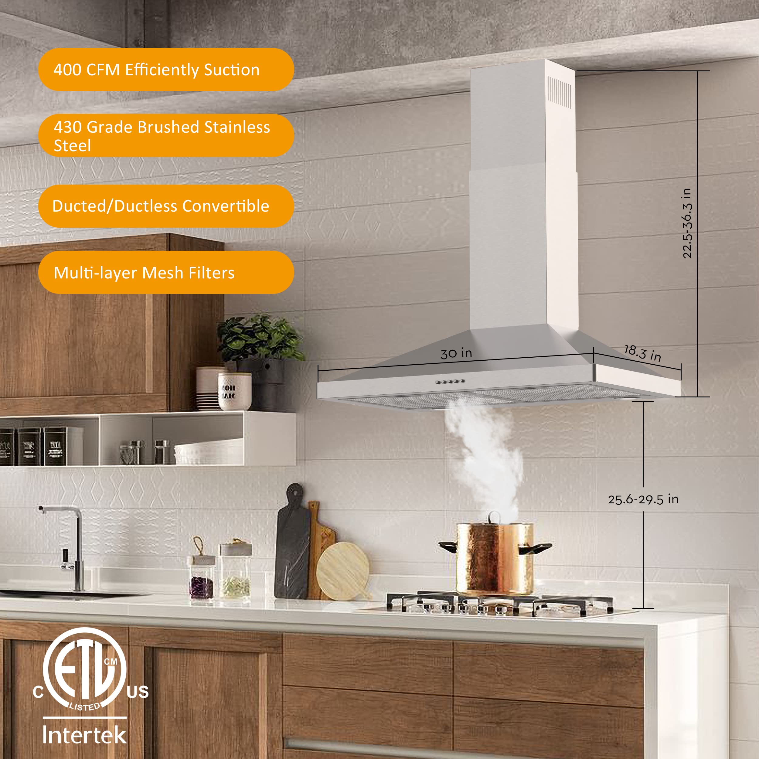 FIREGAS 30-inch Wall Mount Range Hood - 400 CFM Stainless Steel Kitchen Vent Hood with 3-Speed Exhaust Fan | Ducted/Ductless Convertible Design, LED Lights & Push Button Controls | Includes Charcoal Filters - Perfect for Modern Kitchens & Home Renovations