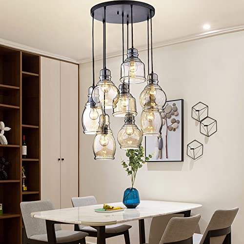 Vintage 8-Light Round Chandelier with Cognac Glass - Rustic Kitchen Island Pendant Lighting for Dining Room, Cafe & Bar | Perfect for Farmhouse Decor & Commercial Spaces