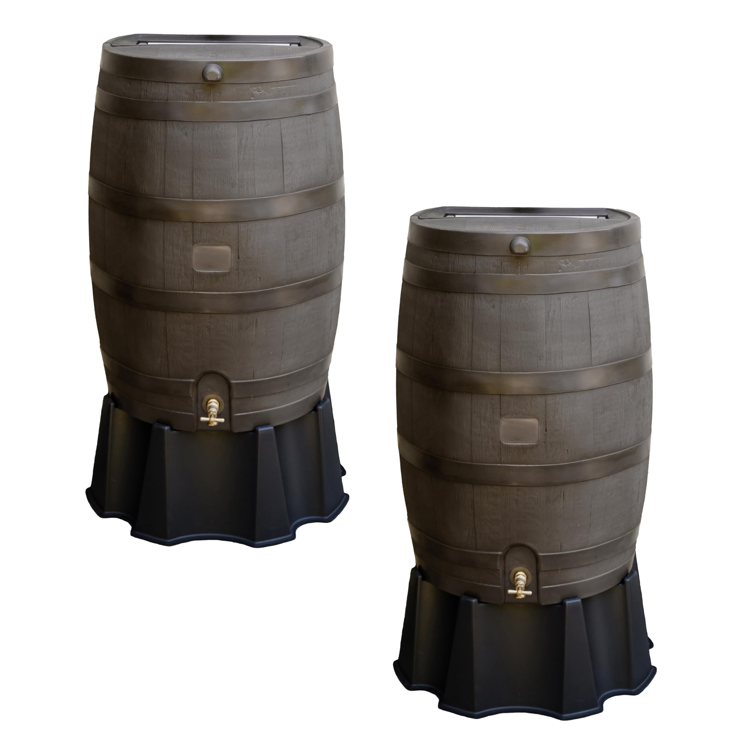 50-Gallon Flat Back Rain Barrel with Stand & Link Kit - Walnut Color (2 Pack) - Eco-Friendly Rainwater Collection for Garden, Lawn & Outdoor Use
