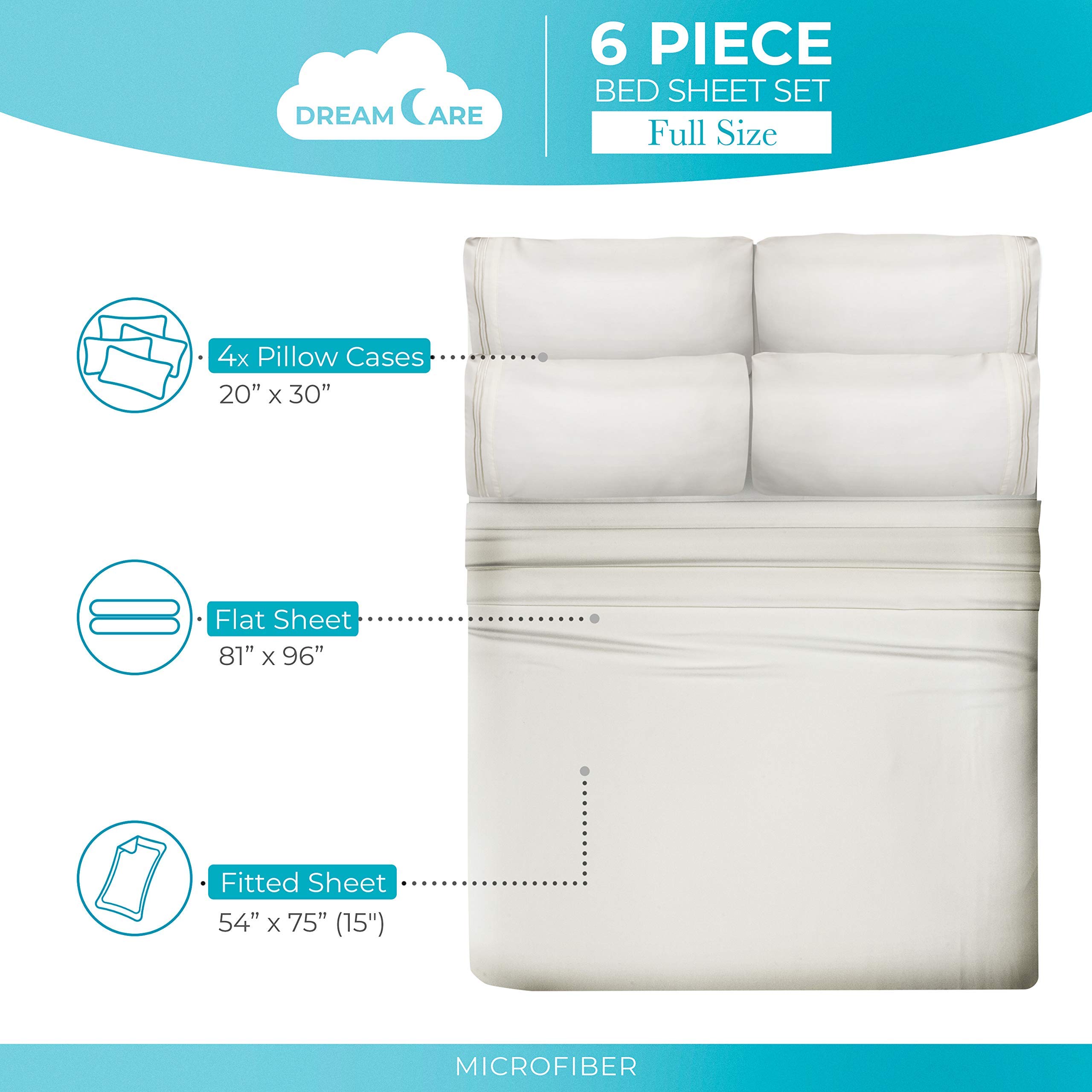 Cooling Full Size Bed Sheets Set - 6 Piece Soft & Breathable 100% Brushed Polyester Sheet Set with Side Pockets (Ivory) - Perfect for Hot Sleepers & Temperature Regulation in Summer Nights
