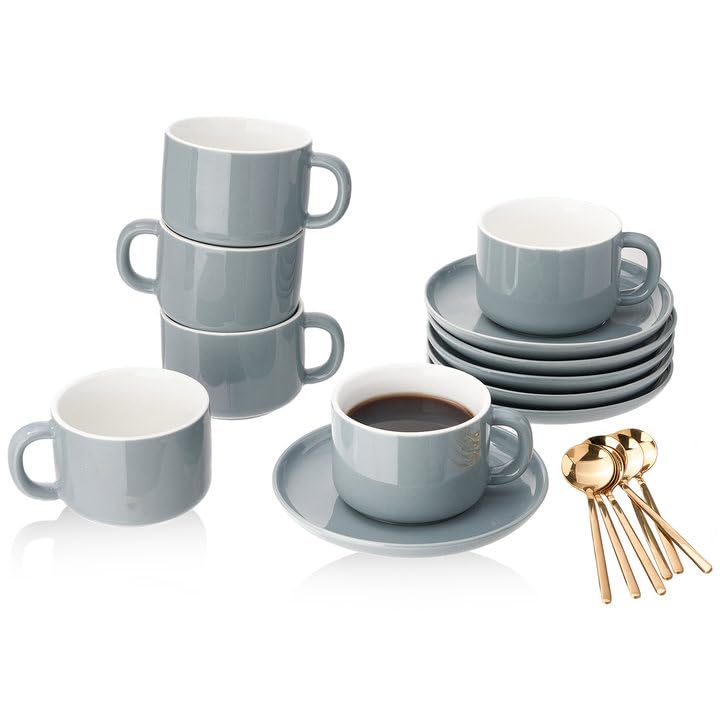 6-Pack Grey Porcelain Coffee Cups with Saucers & Spoons - 7 oz Cappuccino, Tea, Espresso, Latte & Mocha Serving Set - Perfect for Home, Office & Cafe Use