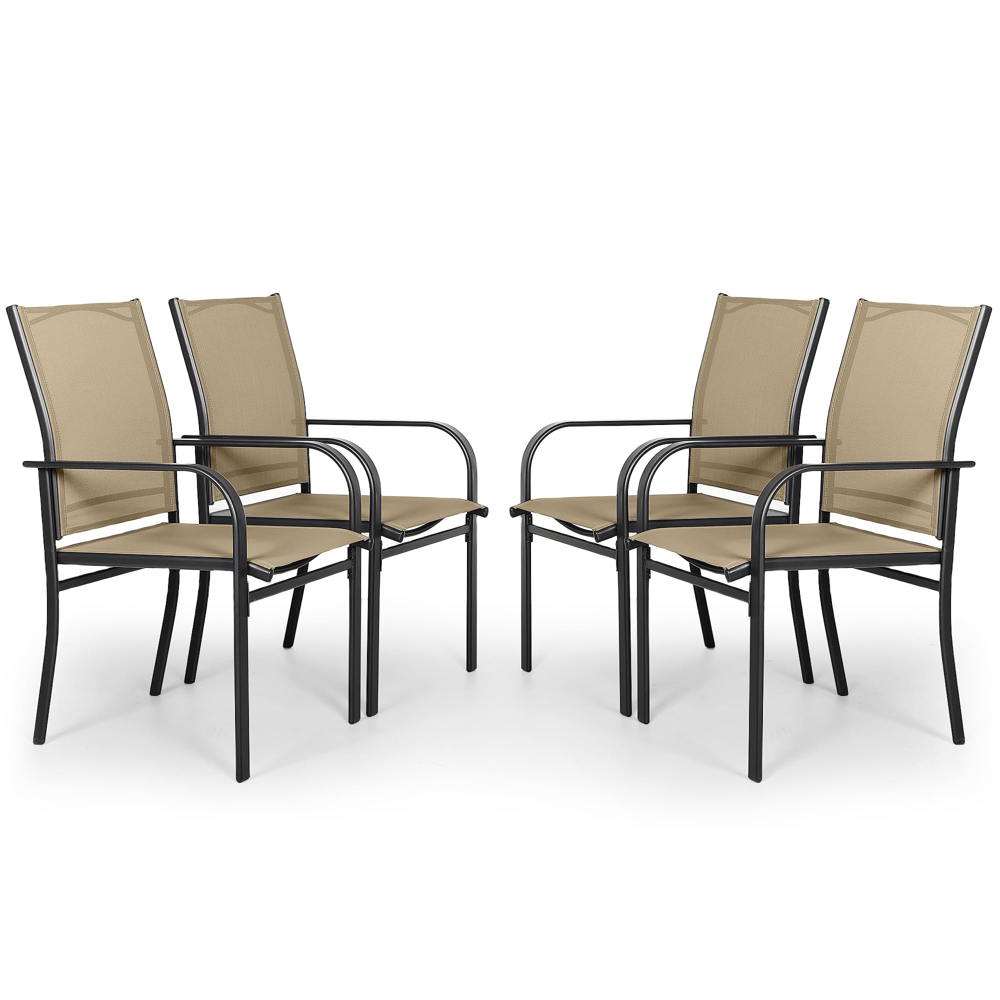 4-Piece Outdoor Wrought Iron Dining Chairs Set - Textilene High Back Patio Chairs with Armrests, Durable Metal Frame Furniture for Yard, Backyard, Lawn & Poolside - Perfect for Outdoor Dining, BBQs & Garden Parties (Brown)