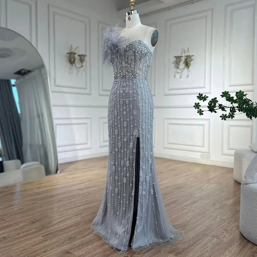 Elegant Gray Mermaid One Shoulder Beaded Feather Evening Gown for Women - High Slit Luxury Party Dress for Prom, Gala & Special Occasions - Serene Hill Collection LA72347