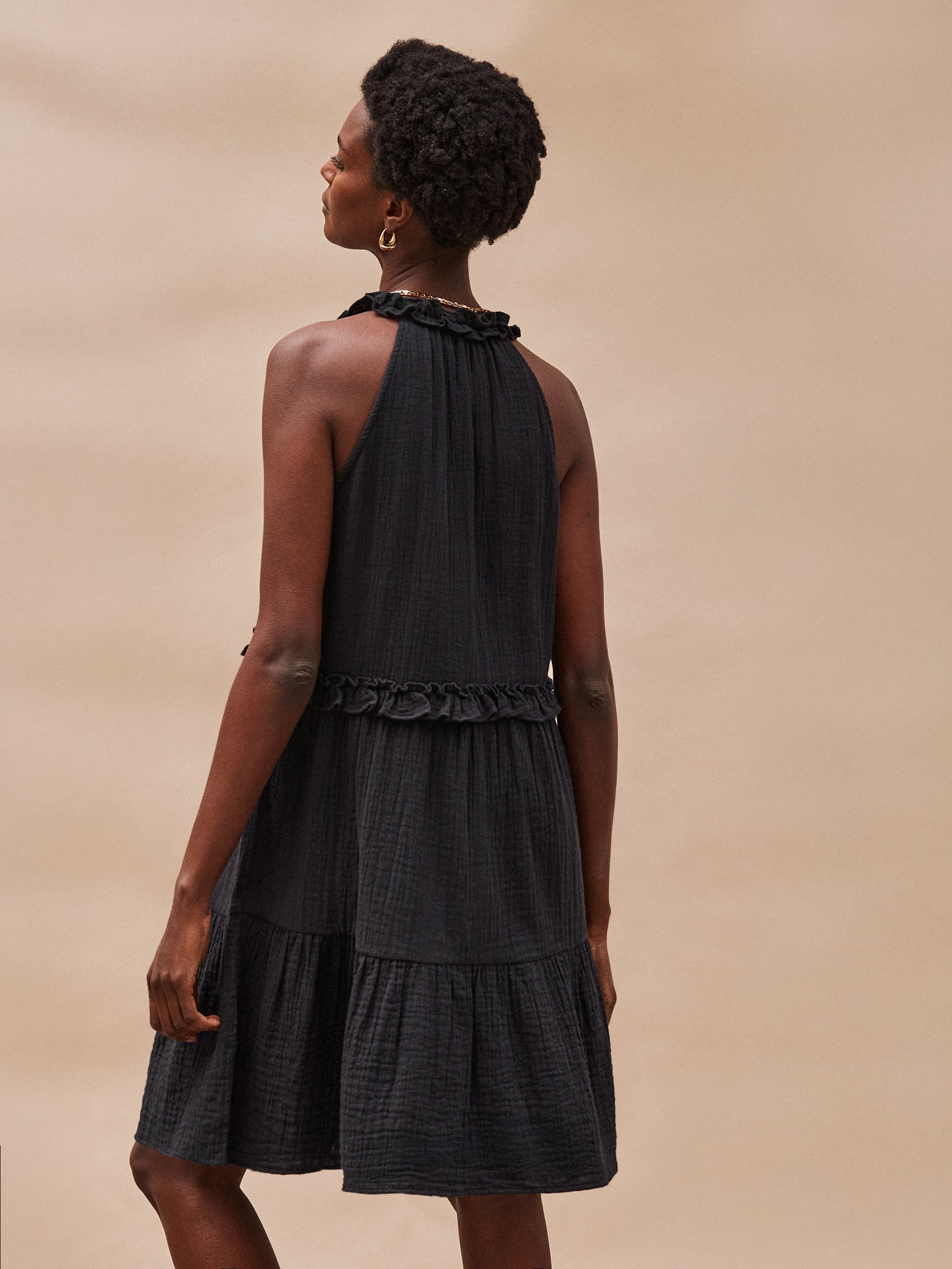 Petite Black Frill Detail Halterneck Cheesecloth Mini Dress for Women | Summer Beach Party & Date Night Outfit