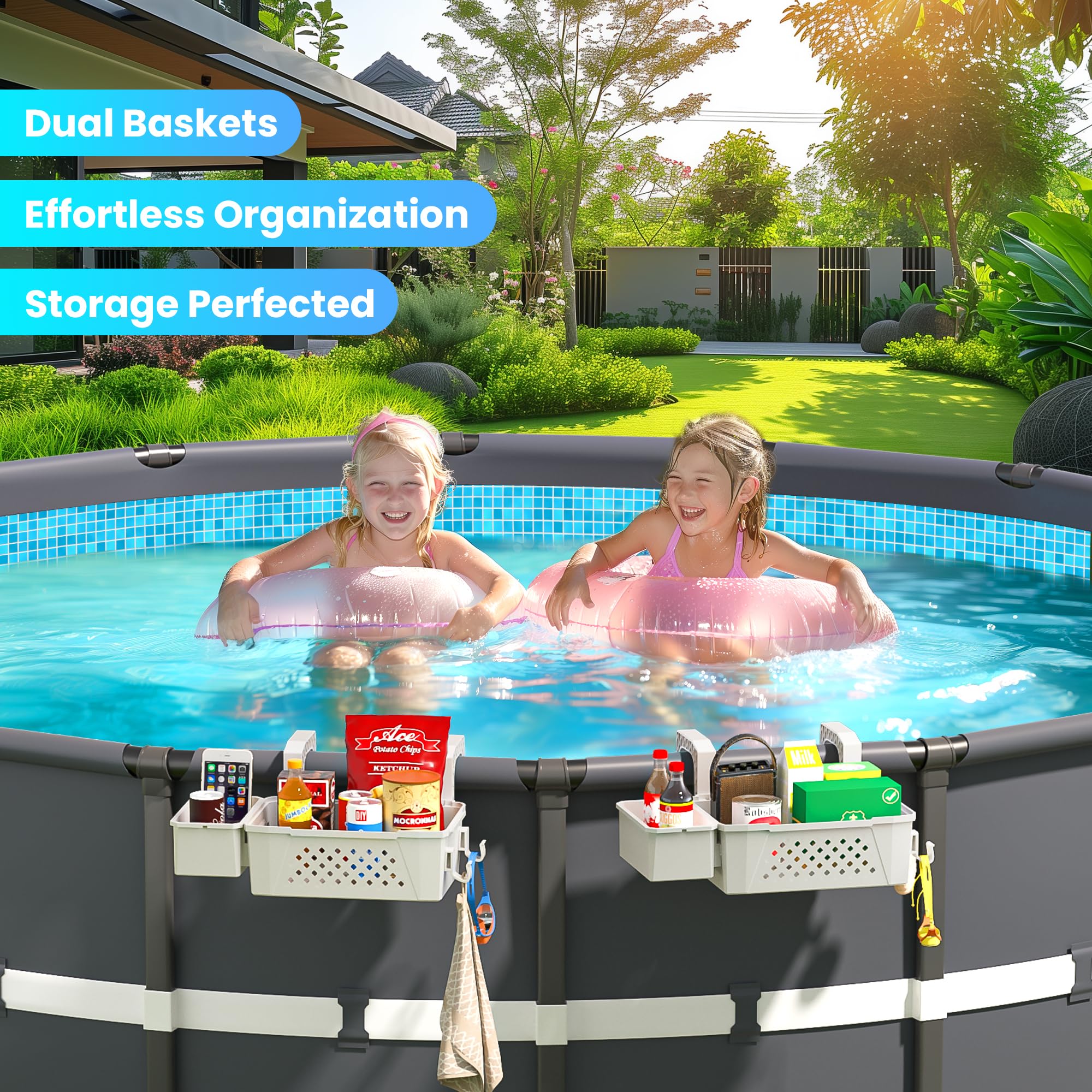 2 Sets of Poolside Storage Baskets with Cup Holders - Fits 3-Inch or Smaller Top Rails - Durable Grey Above Ground Pool Accessories - Perfect for Drinks, Towels & Pool Toys Storage