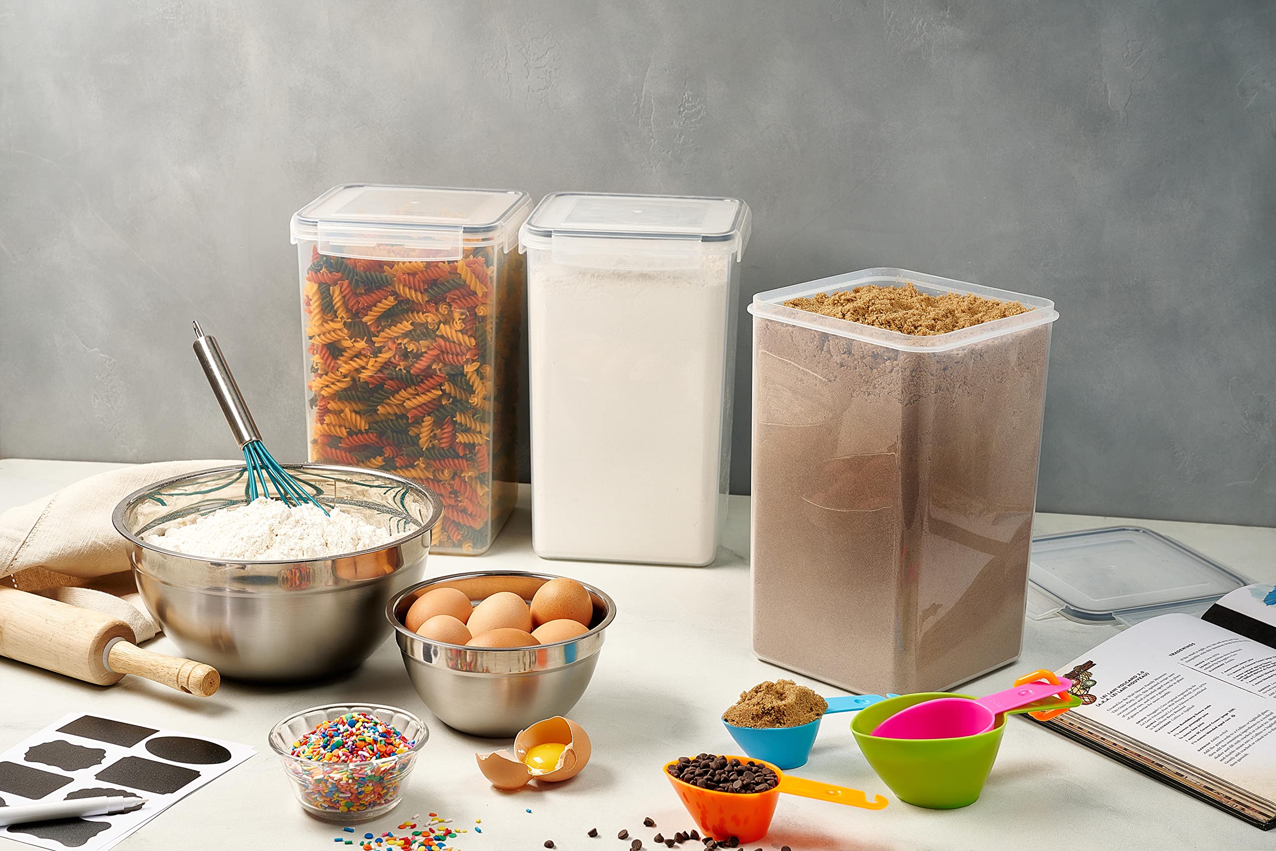 2 Pack Extra Large Airtight Food Storage Containers - 6.5L / 220 Oz BPA Free Clear Plastic Kitchen & Pantry Organization for Flour, Sugar, Rice & Baking Supplies - Includes Labels, Marker & Spoon Set - Perfect for Meal Prep, Bulk Storage & Home Organization