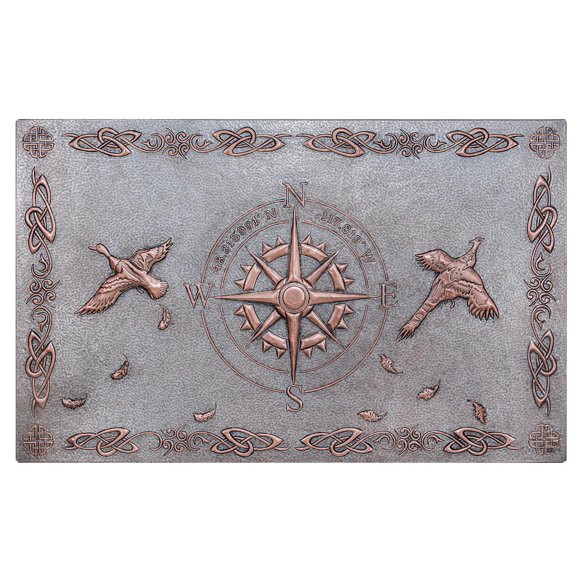 Handmade Custom Copper Backsplash Panel - Compass with GPS Coordinates & Pheasant Birds Celtic Border Design - Kitchen Wall Decor Tile (Gray & Copper) for Rustic, Farmhouse & Vintage Style Kitchens