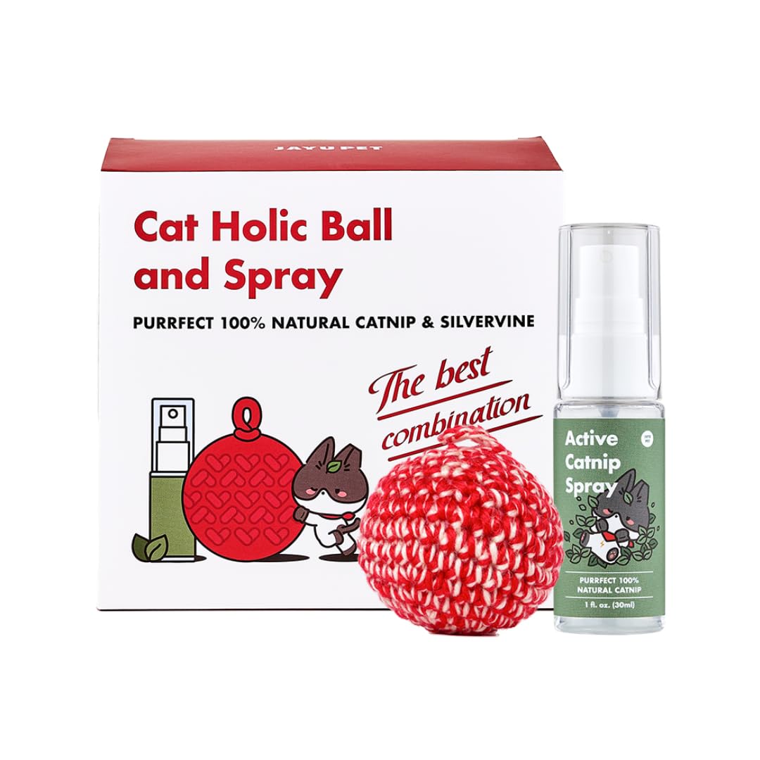JAYU PET Cat Holic Ball with Silvervine & Catnip Spray Set - 2.7 inch Handmade Kicker Toy & 1oz Essential Oil Spray for Indoor Cats - Stress Relief, Calming, Exercise - Perfect for Playtime & Anxiety Relief