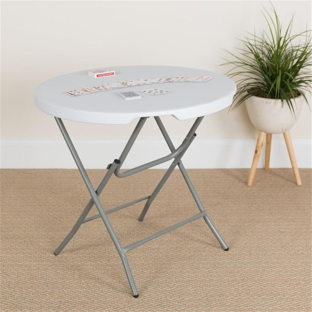 BOWERY HILL Granite White Round Folding Table with Metal/Plastic Non-Locking Legs - Perfect for Indoor/Outdoor Dining, Parties, Events & Small Space Living