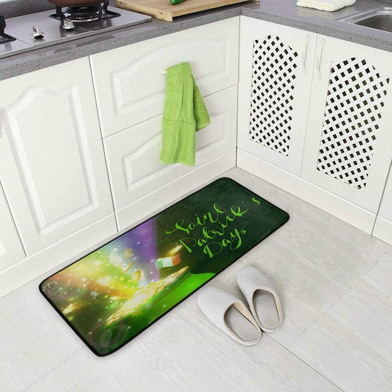 Gold Pot Rainbow Irish Flag Non-Slip Kitchen Floor Mat - St. Patrick's Day Decor, Entryway Welcome Rug for Indoor Hallway, Front Door, Bedroom, Living Room & Bathroom - 39