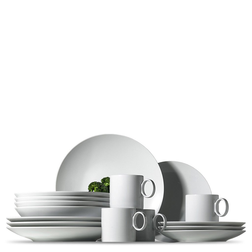 Loft 11900-800001-18842 16-Piece Dinnerware Set - 4 Breakfast Plates, 4 Flat Plates, 4 Soup Bowls & 4 White Ceramic Mugs - Complete Table Setting for Family Meals, Brunch & Entertaining