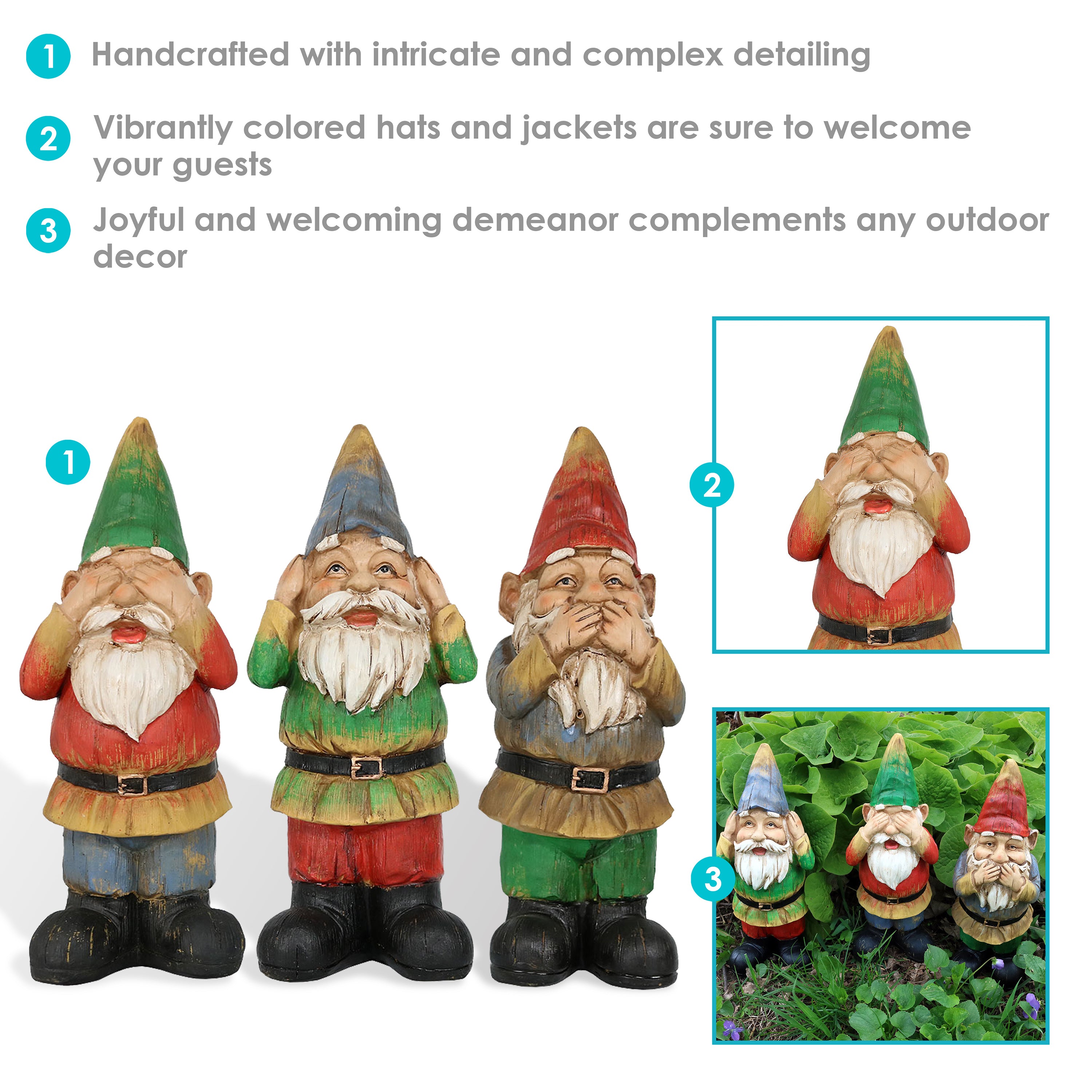 Sunnydaze 3 Wise Gnomes Garden Statue Set - Hear No Evil, Speak No Evil, See No Evil - Perfect for Outdoor Decor, Lawn Ornaments & Fairy Gardens