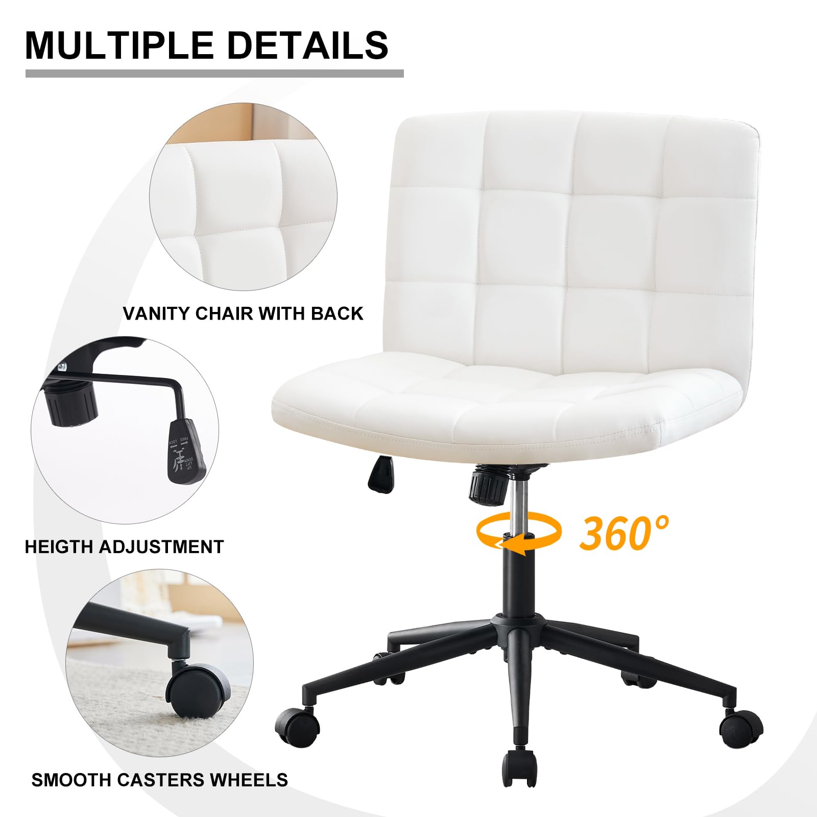 Furnimart Swivel Criss Cross Legs Office Chair with Wheels - Adjustable Height Armless Desk Chair, Comfortable PU Ivory White Seat for Home Office, Study, Vanity & Bedroom - Perfect for Work, Gaming & Relaxation