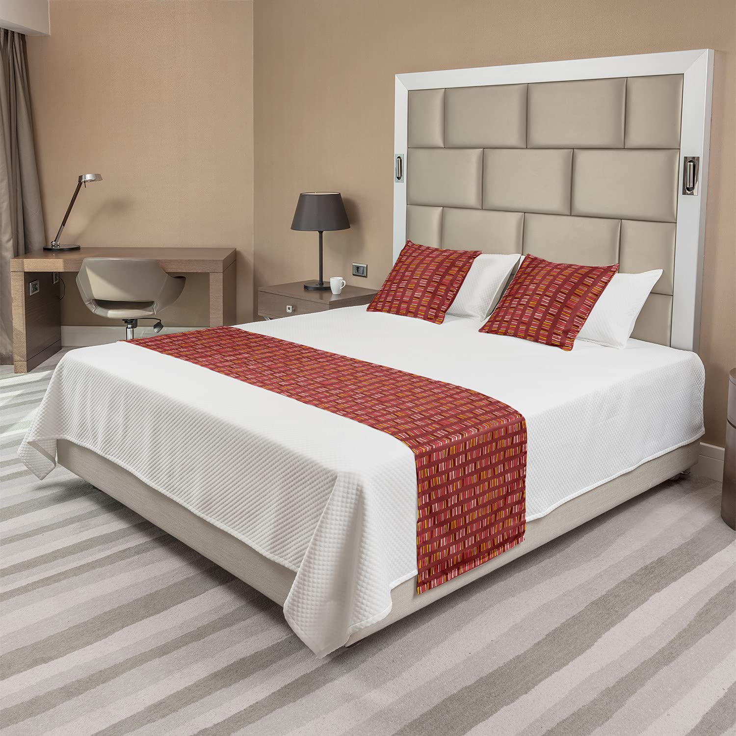 Ambesonne Abstract Bed Runner Set - Colorful Geometric Stripes on Dark Pink, Decorative Bedding Scarf with 2 Pillow Shams for Queen Bed | Perfect for Hotel Luxury & Home Decor Accent