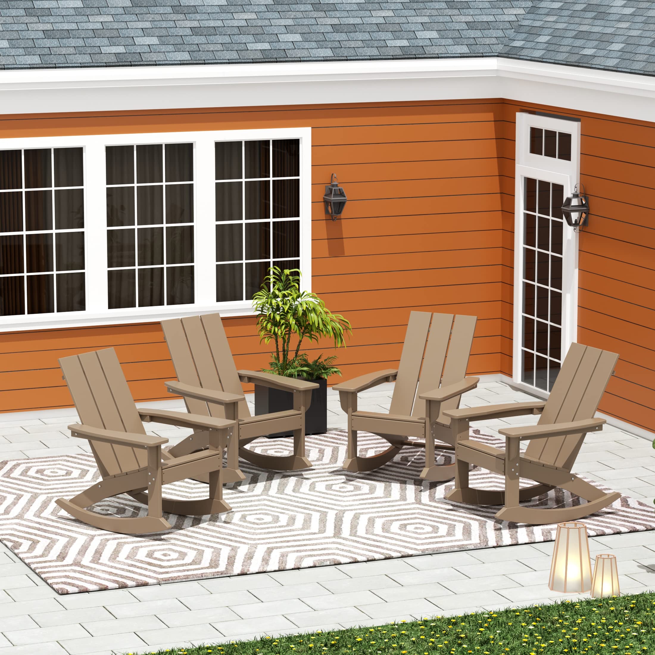 WO Home Furniture 4-Piece Patio Rocking Chair Set - Modern Outdoor HDPE UV-Resistant Weathered Wood Rockers for Porch, Garden & Backyard Relaxation