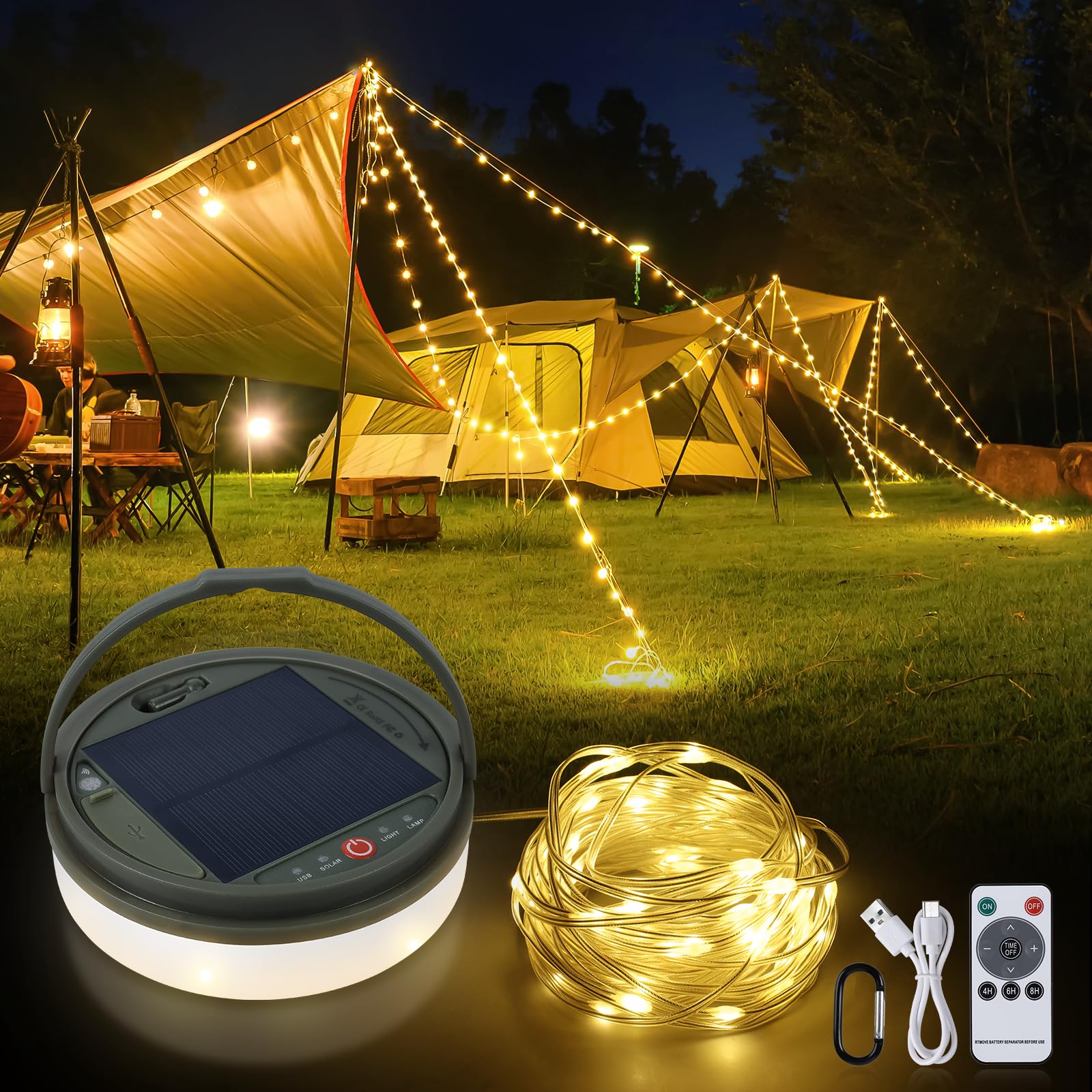 SMY Lighting 4-in-1 Solar Camping String Lights - 42.6Ft Ultra Long Outdoor String Lights with 160 Bright LEDs, Solar Powered & USB Rechargeable, Remote Control Included - Perfect for Camping, Hiking, Backyard, Patio, Garden, and Party Decorations