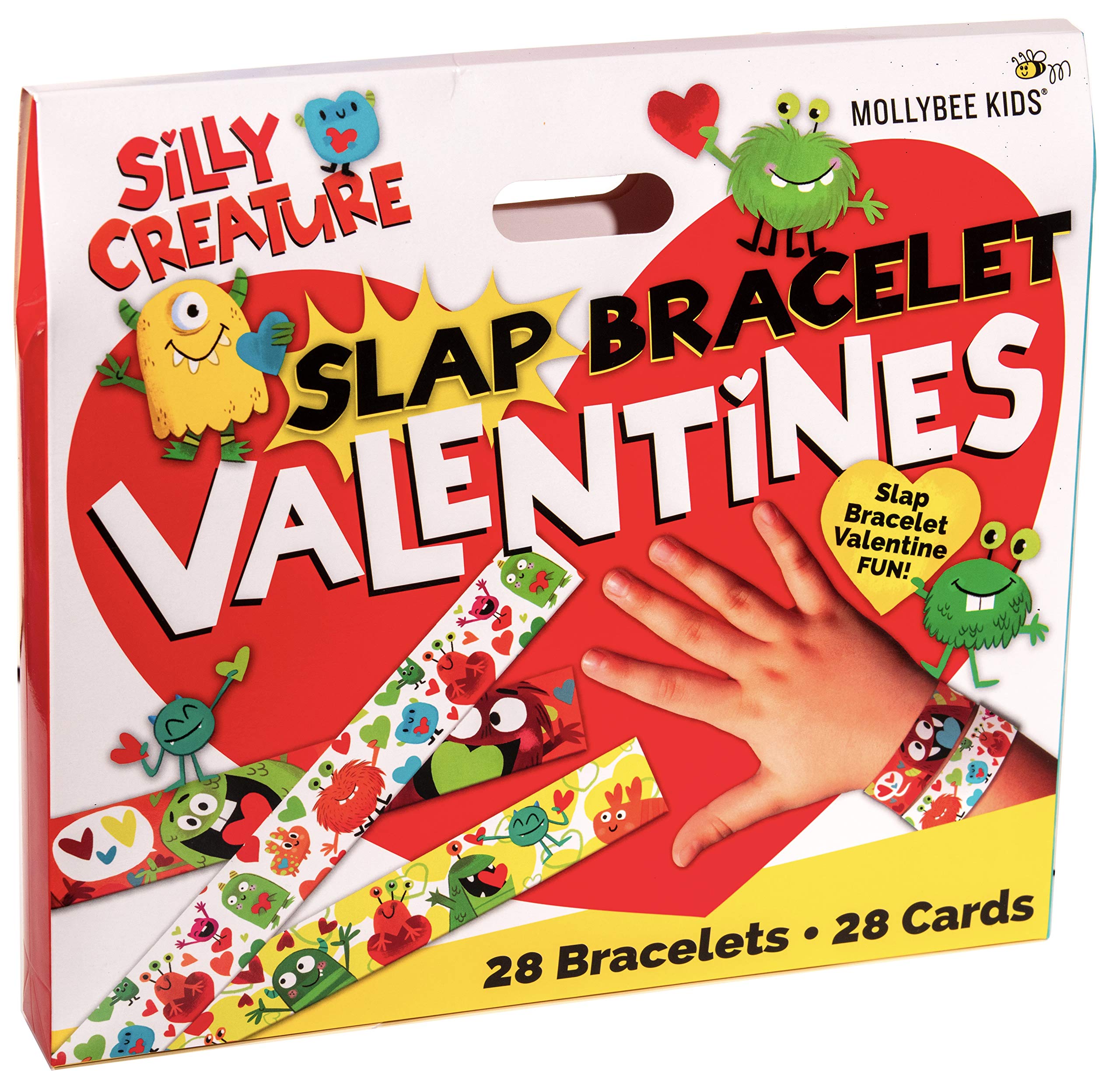 MOLLYBEE KIDS Valentine's Day Slap Bracelets and Cards Set - 28 Silly Valentines with Envelopes & Fun Slap Bracelets for Kids, Classroom Exchange, School Parties, and Valentine's Day Gifts