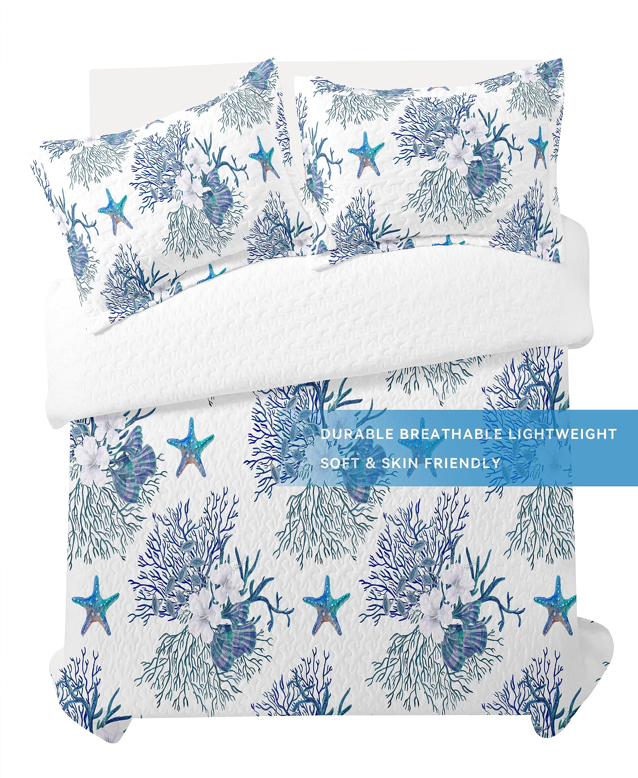Coastal Queen Size Quilt Set with 2 Shams - Nautical Ocean Blue Starfish Bedspread & Summer Comforter 90''x96'' - Perfect for Beach House Decor, Guest Room Bedding & Coastal Themed Bedrooms