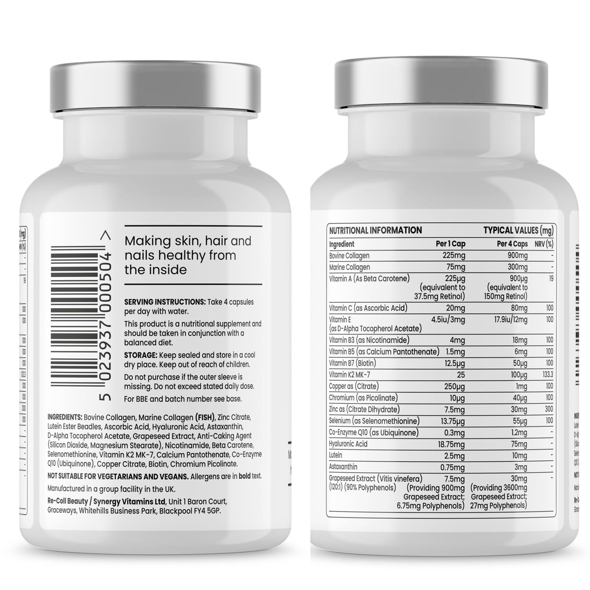 Re-Coll Bovine and Marine Collagen Capsules - 1200mg High Strength Collagen Supplement for Skin, Hair & Joint Support - 120 Capsules (30 Day Supply) - Easy to Swallow Pills for Women & Men - Anti-Aging Beauty & Wellness Supplement for Daily Use at Home, Work or Travel