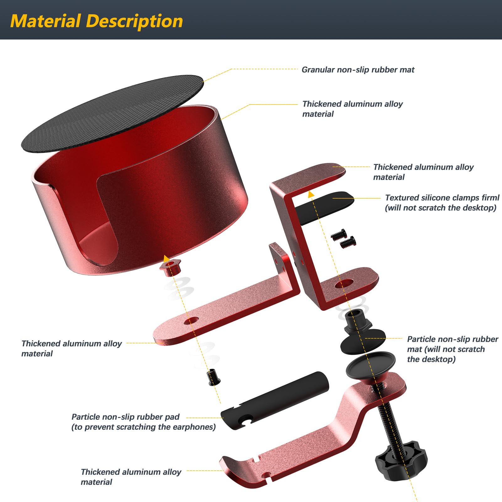360° Rotating Under Desk Cup Holder & Headphone Hanger - Metal Clamp-on Organizer for Coffee Mugs, Water Bottles, Headsets & Pencils - Anti-Spill Gaming Desk Accessory (Red) - Perfect for Home Office, Gaming Setup & Workspace Organization
