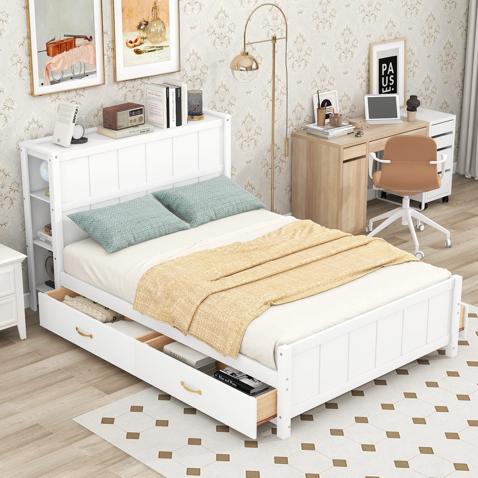 JULYFOX Full Size Storage Bed Frame - Solid Wood Platform Bed with 50