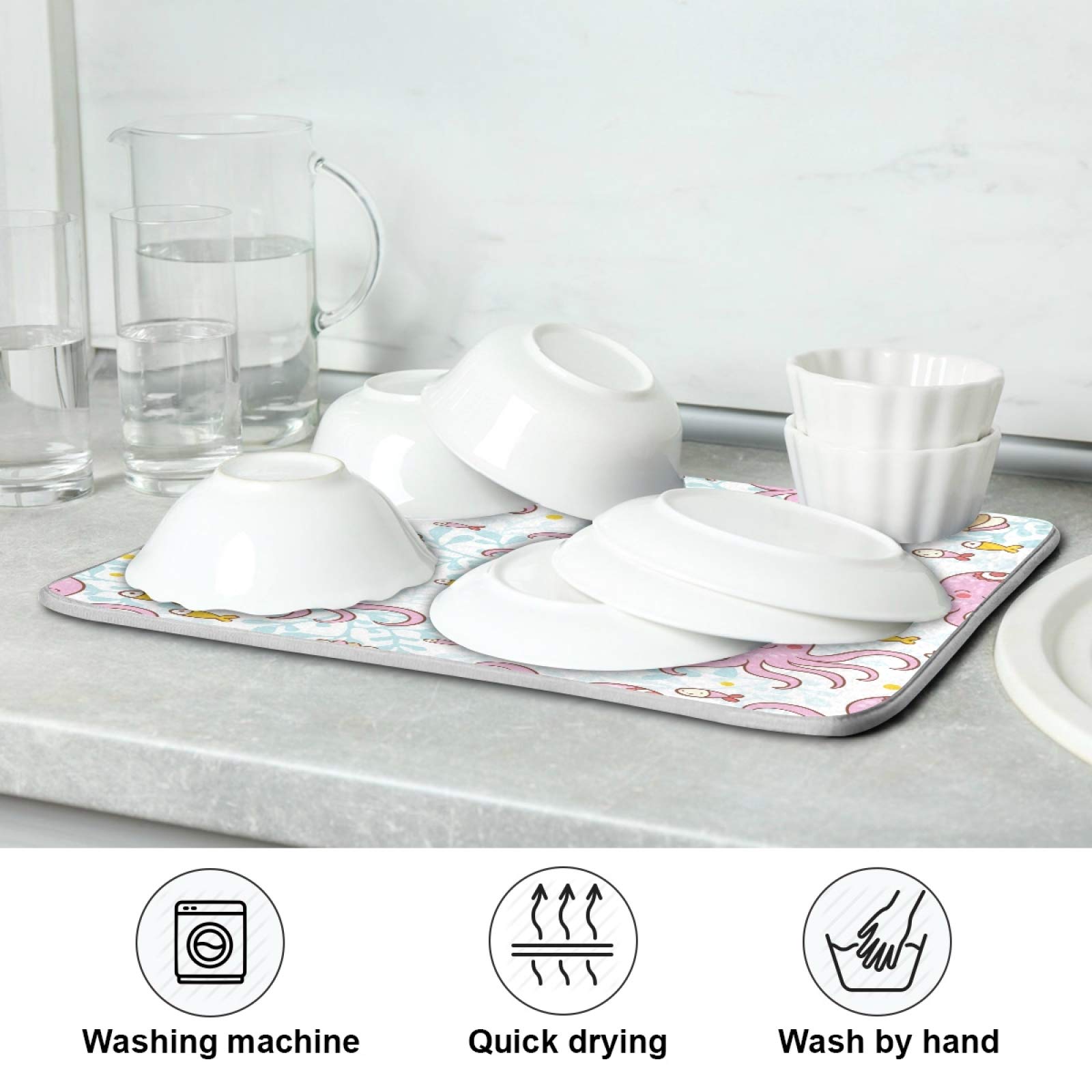 Pink Octopus Dish Drying Mat - Super Absorbent Reversible Microfiber for Kitchen Counter (18x24 Inch) - Perfect for Dishes & Utensils