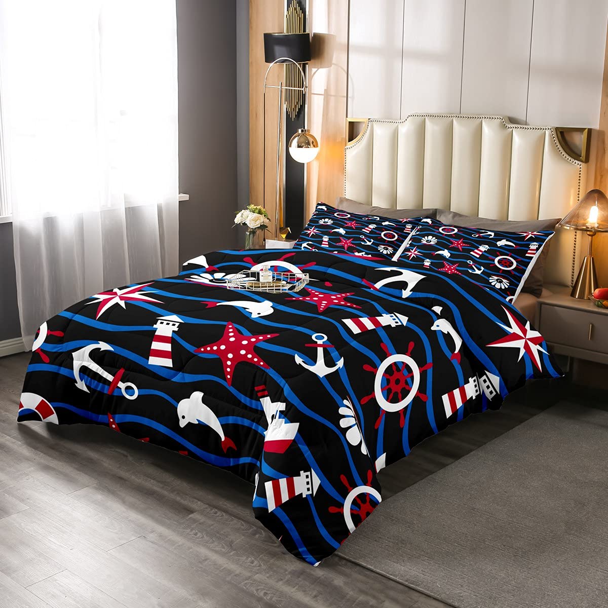 Ocean Themed Comforter Set - Beach Coastal Duvet Cover with Starfish Dolphin Anchor Lighthouse Pattern, Twin Size Bedding for Kids Boys Girls (1 Comforter + 1 Pillowcase) - Perfect for Beach House Decor, Kids Bedroom & Coastal Themed Nursery