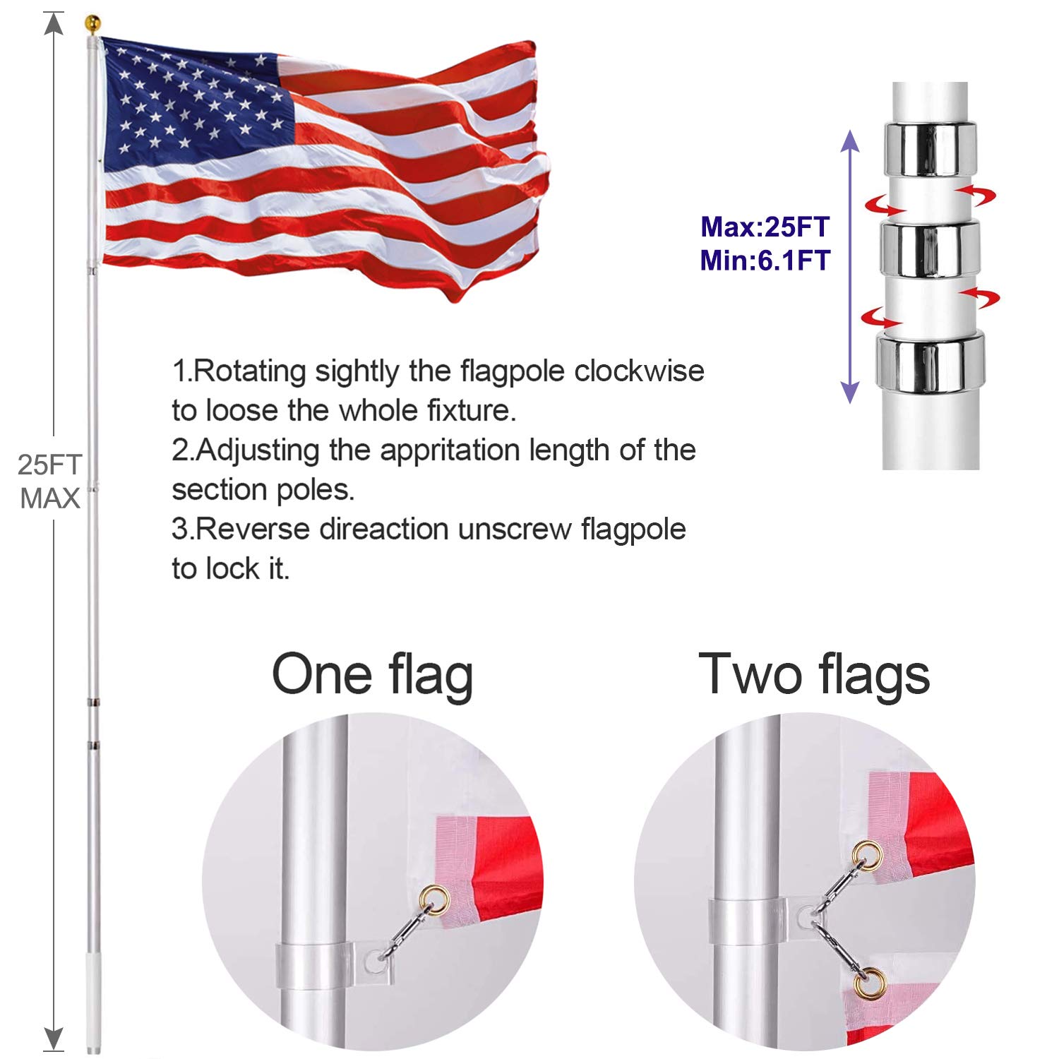 25FT Heavy Duty Telescoping Flag Pole Kit - Extra Thick Aluminum Inground Flagpole with 3x5 American Flag & Golden Ball Top | Fly 2 Flags | Outdoor Use for Residential, Yard, Commercial & Patriotic Events