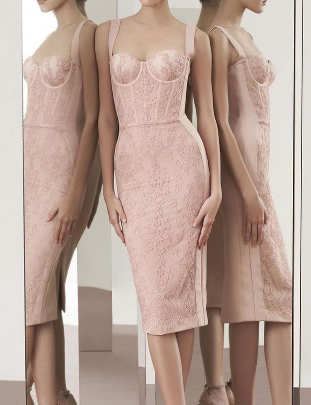 Houstil Women's Elegant Strap Wedding Guest Dress - Bandage Lace Bodycon Cocktail Party Midi Dress for Evening Events, Clubwear, Date Night & Special Occasions